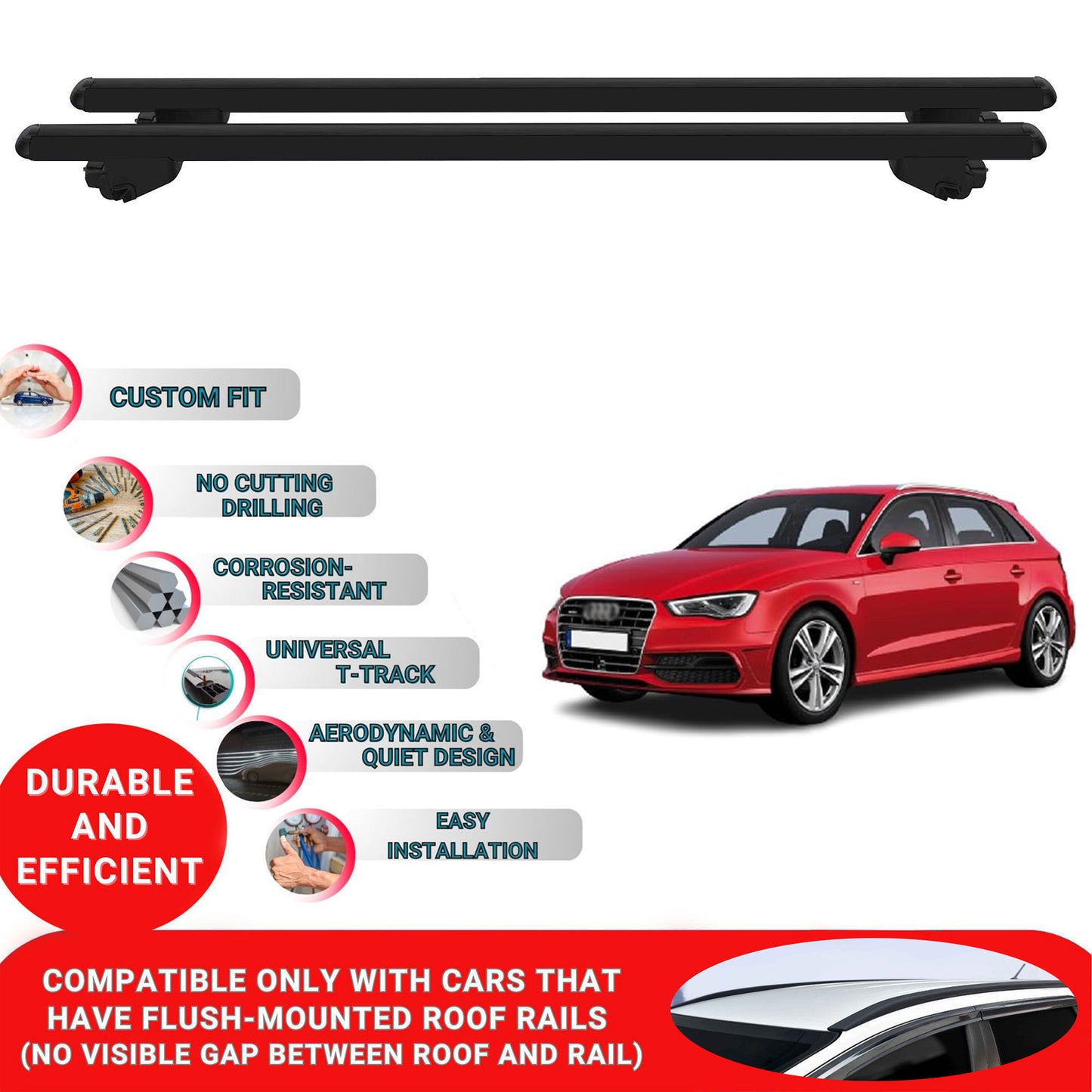 Roof Bars For Audi A3 back 5 Doors 2013-2020 Roof Rack Cross Bars 2 Pcs Black