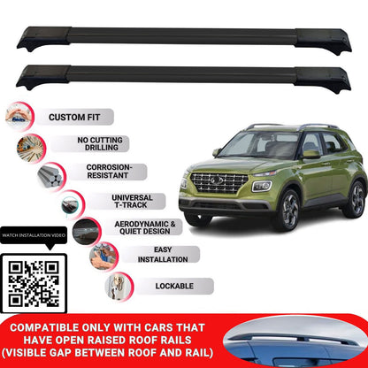 Roof Rack Cross Bars for Hyundai Venue 2020+ Lockable Roof Bars 2 Pcs Black