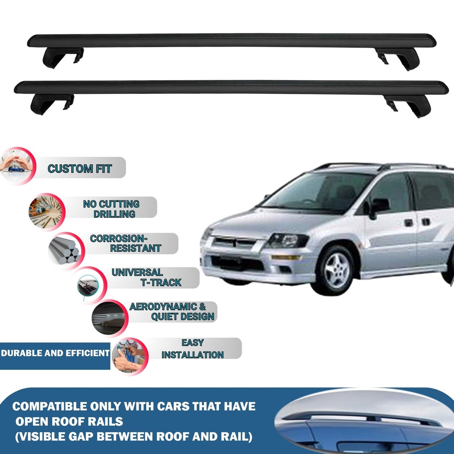 Roof Rack Cross Bars for Mitsubishi RVR 1997-2002 Rail Carrier for Roof Tents 2 Pcs Black