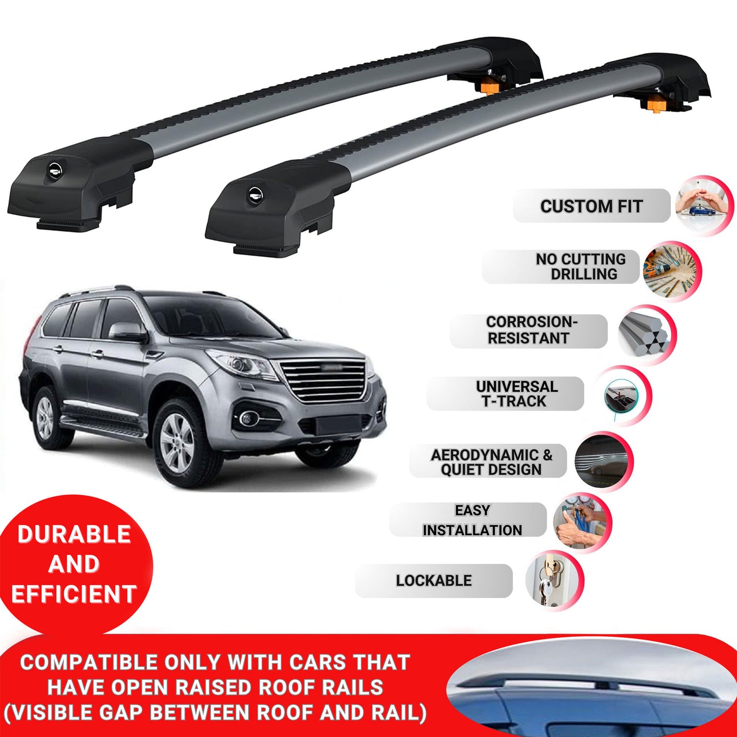Roof Bar for Great Wall Haval 2017-2023 Lockable Roof Rack Cross Bars 2 Pcs Grey