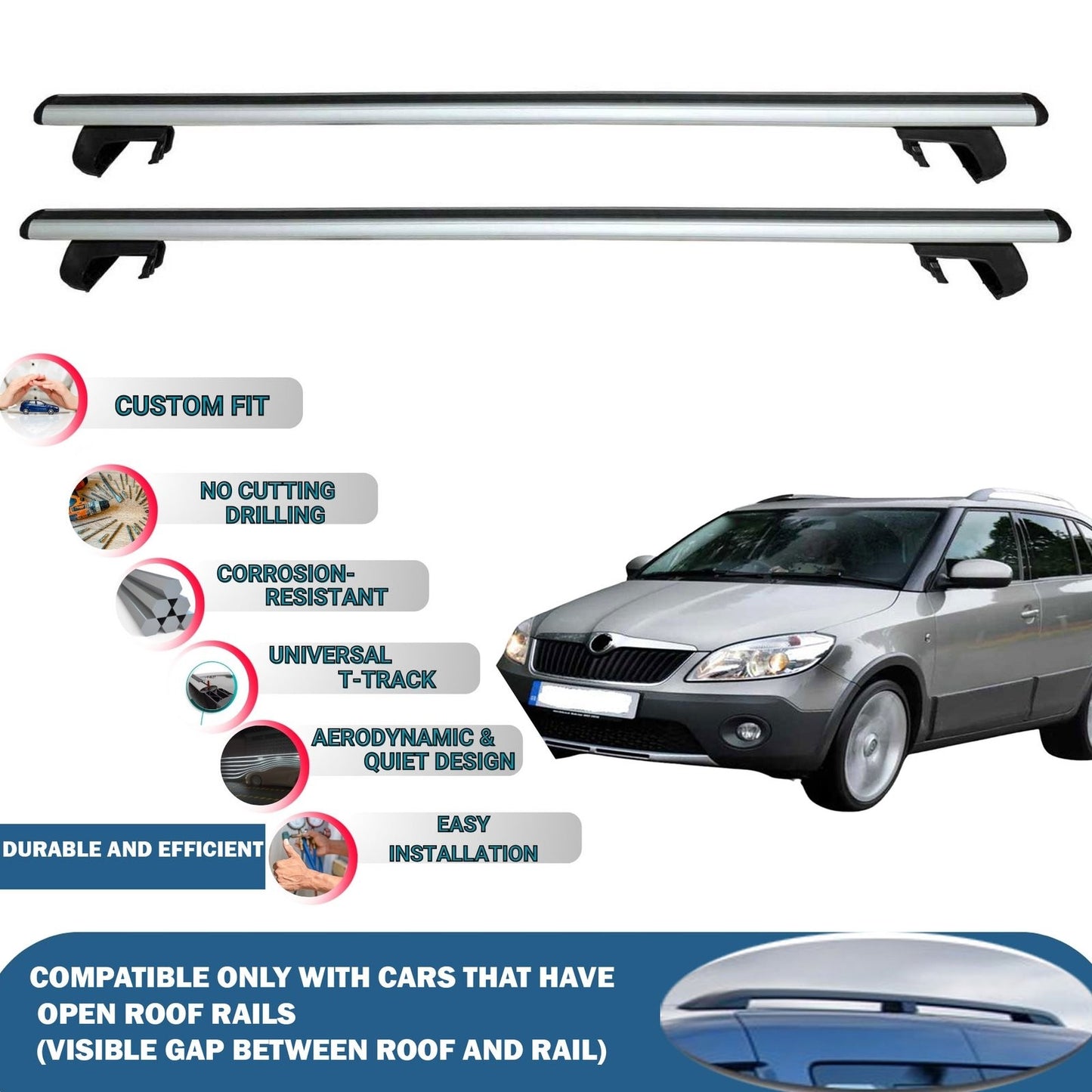 Roof Rack Cross Bars for Skoda Fabia Scout SW 2009-2014 Rail Carrier for Roof Tents 2 Pcs Grey