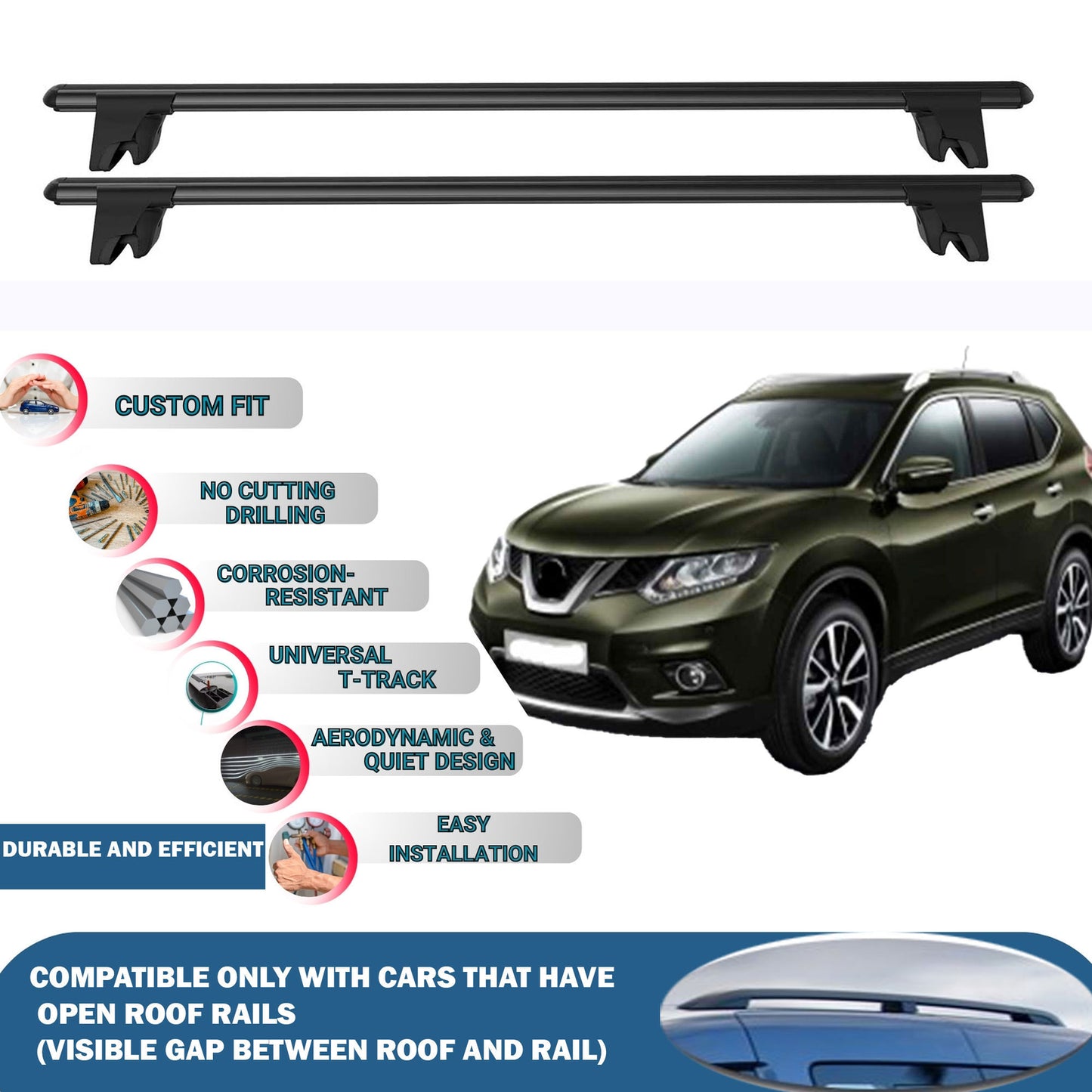 Lockable Roof Rack Cross Bars for Nissan X-Trail 2014-2020 | Heavy Duty Rail Carrier 2 Pcs Black