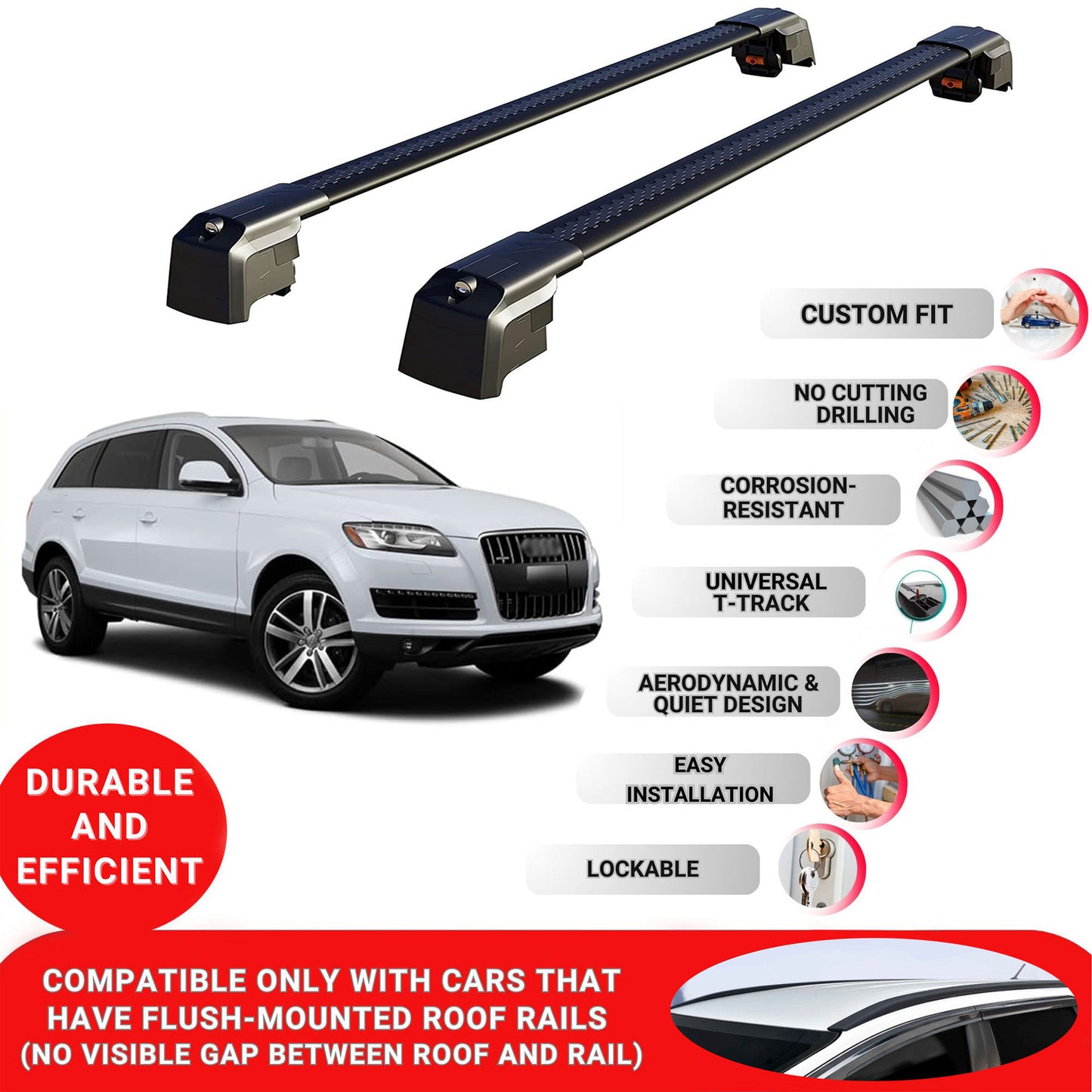 Roof Bars Rack for Audi Q7 (4L) 2006-2015 Lockable Rail Carrier 2 Pcs Black