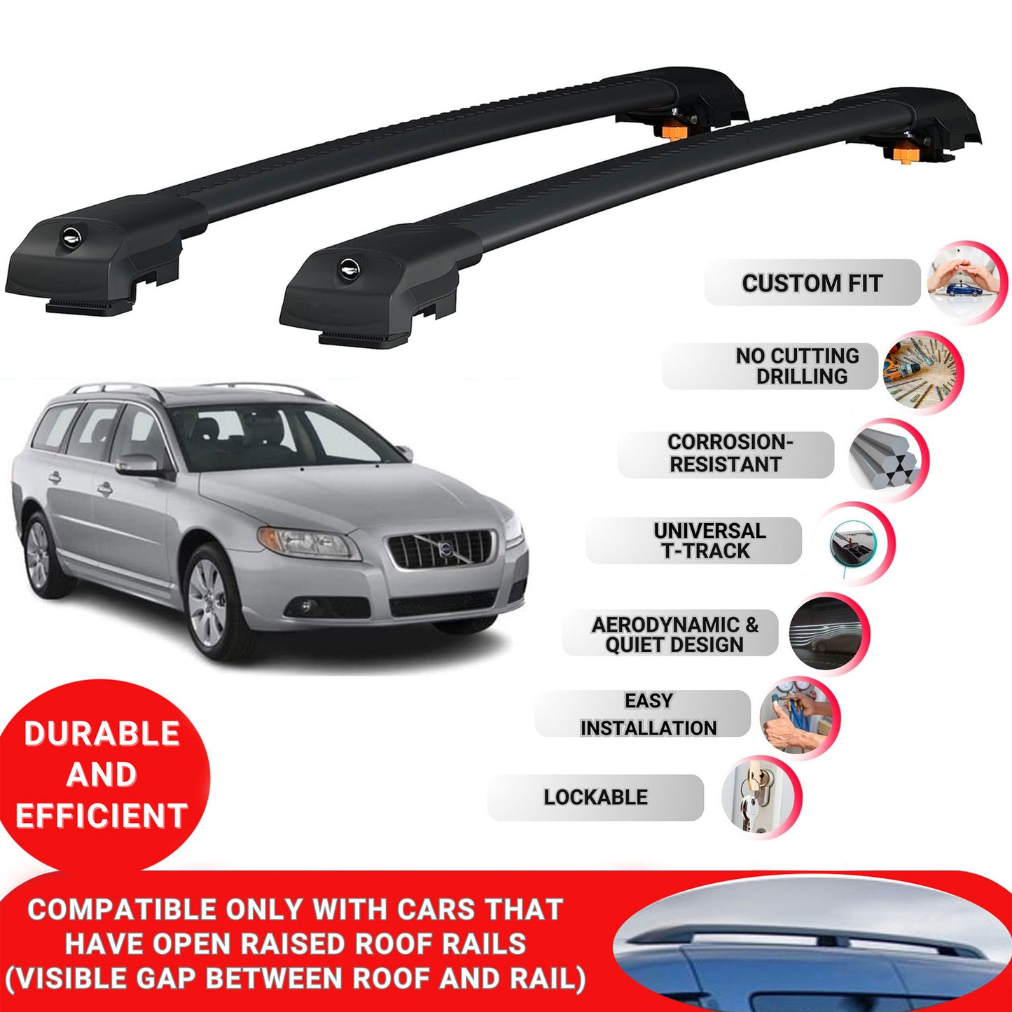 Roof Bar for Volvo XC70 2008-2016 Lockable Roof Rack Cross Bars 2 Pcs Black