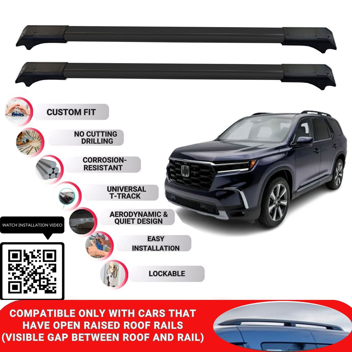 Roof Rack Cross Bars for Honda Pilot 2023 Onwards Lockable Roof Bars 2 Pcs Black