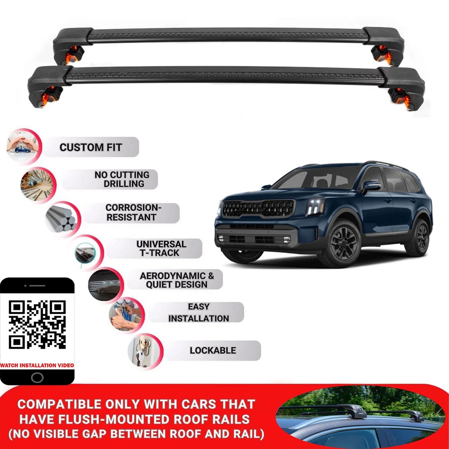 Premium Roof Bars For Kia Tellirude Suv 2020+ Secure Roof Rack Cross Bar 2 Pcss Black