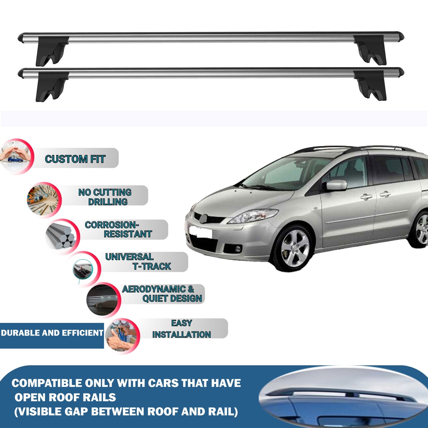 Lockable Roof Rack Cross Bars for Mazda 5 Cr Mpv 2004-2010 | Heavy Duty Rail Carrier 2 Pcs Grey
