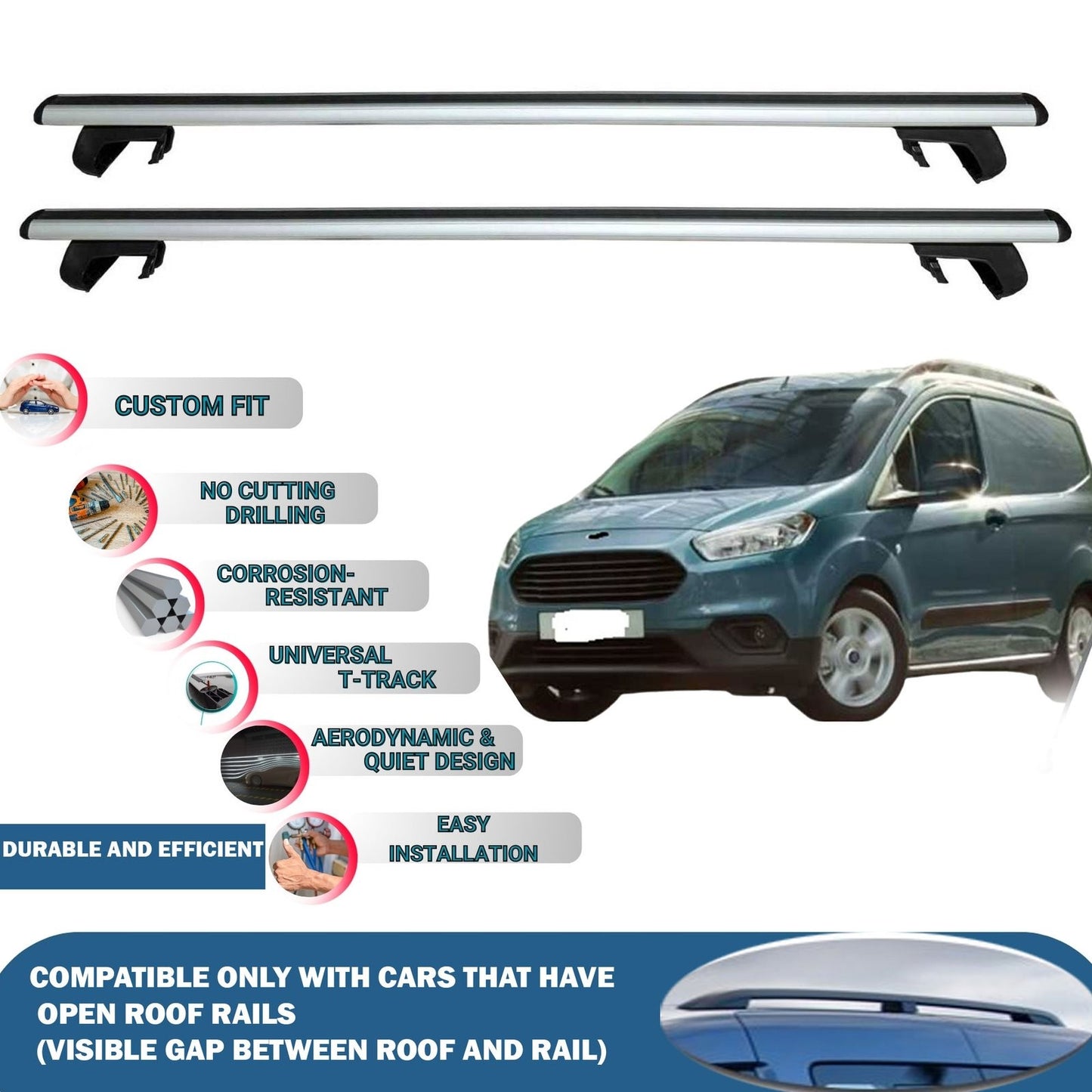 Roof Rack Cross Bars for Ford Transit Courier Van 2014-2023 Rail Carrier for Roof Tents 4 Pcs Grey