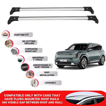 2X Car Roof Bars for Kia Ev9 2023 Onwards Lockable Roof Rack Cross Bars Grey
