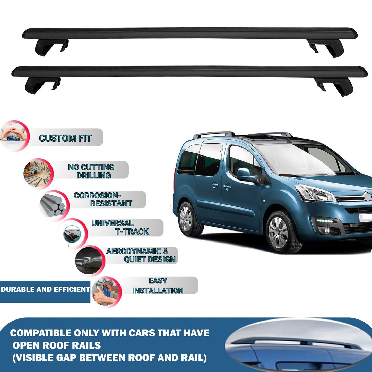 Roof Rack Cross Bars for Citroen Berlingo Multispace 5D 2008-2018 Rail Carrier for Roof Tents 4 Pcs Black