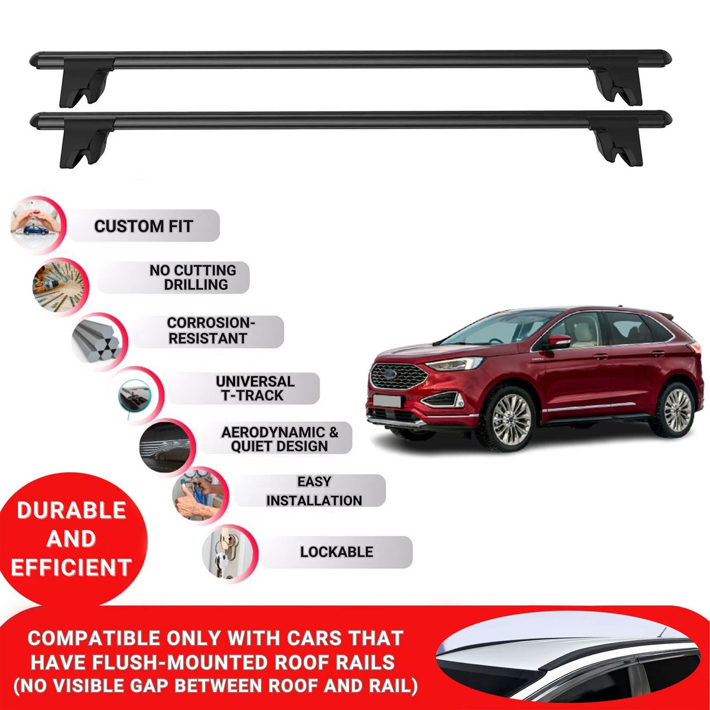 Premium Roof Bars for Ford Edge 2016-2023; Lockable Roof Rack Cross Bars 2 Pcs Black