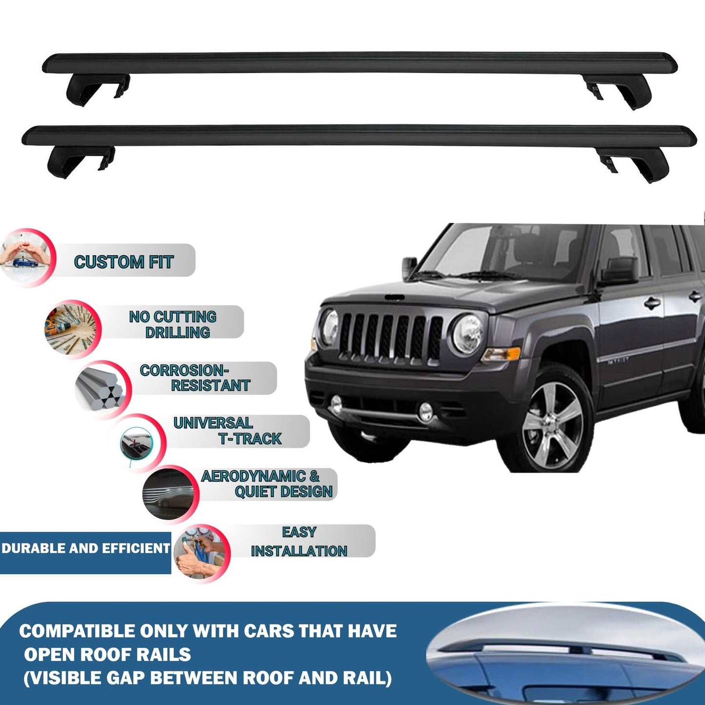 Roof Rack Cross Bars for Jeep Patriot 2007-2017 Rail Carrier for Roof Tents 2 Pcs Black