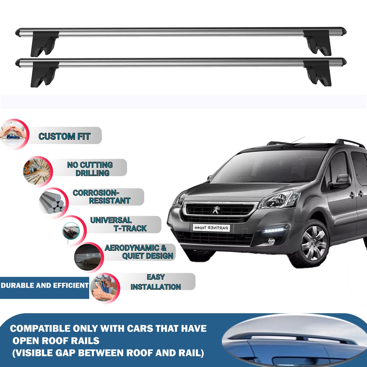 Lockable Car Roof Rack Cross Bars for Peugeot Partner Tepee 2008-2018 4 Pcs Grey