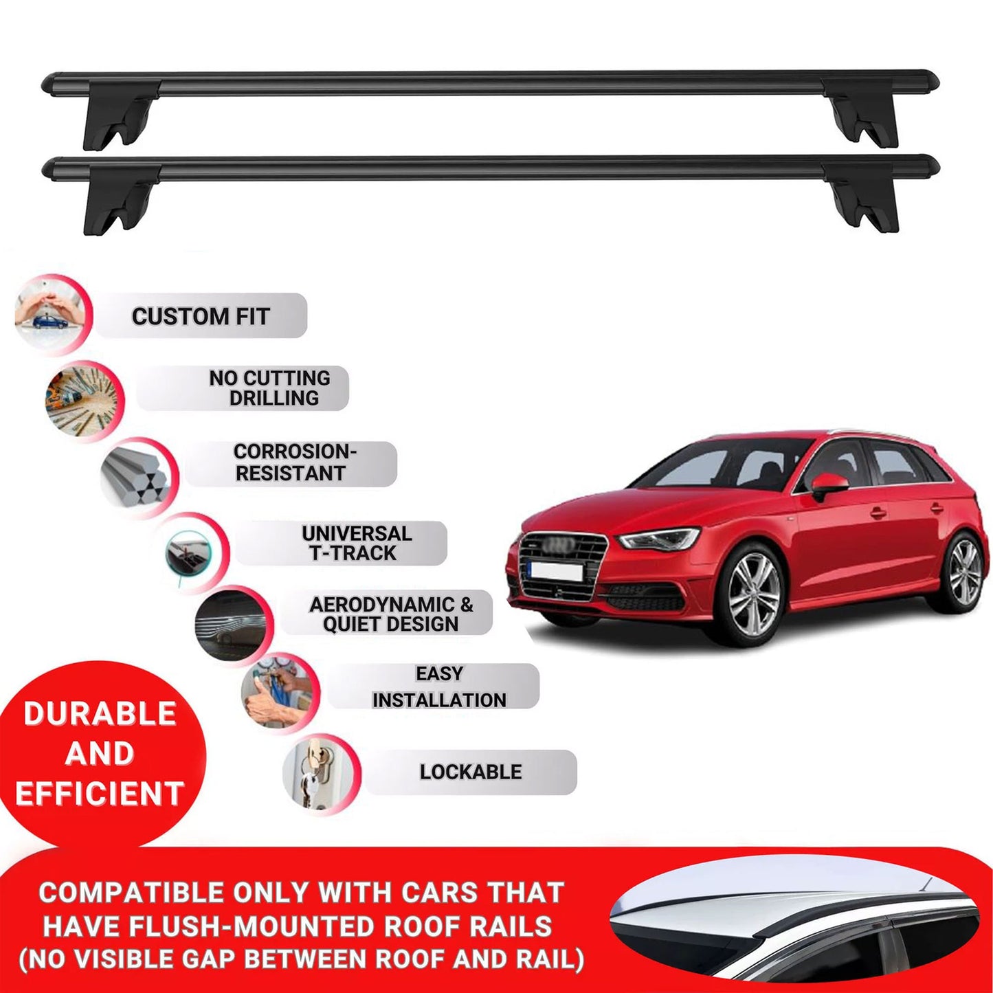 Premium Roof Bars for Audi A3 back 2013-2020 Lockable Roof Rack Cross Bars 2 Pcs Black