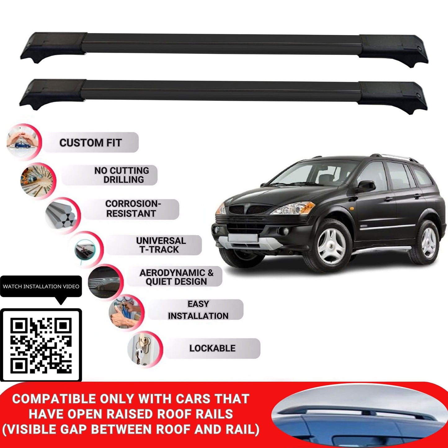 Roof Rack Cross Bars for Ssangyong Kyron 2005-2014 Lockable Bars 2 Pcs Black