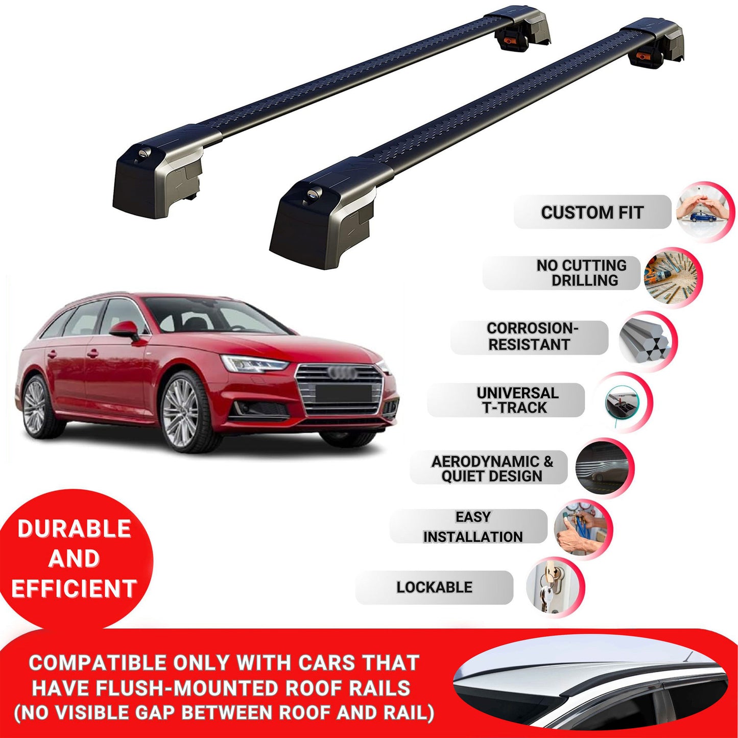 Roof Bars Rack for Audi A4 Avant (B9) 2016+ Lockable Rail Carrier 2 Pcs Black