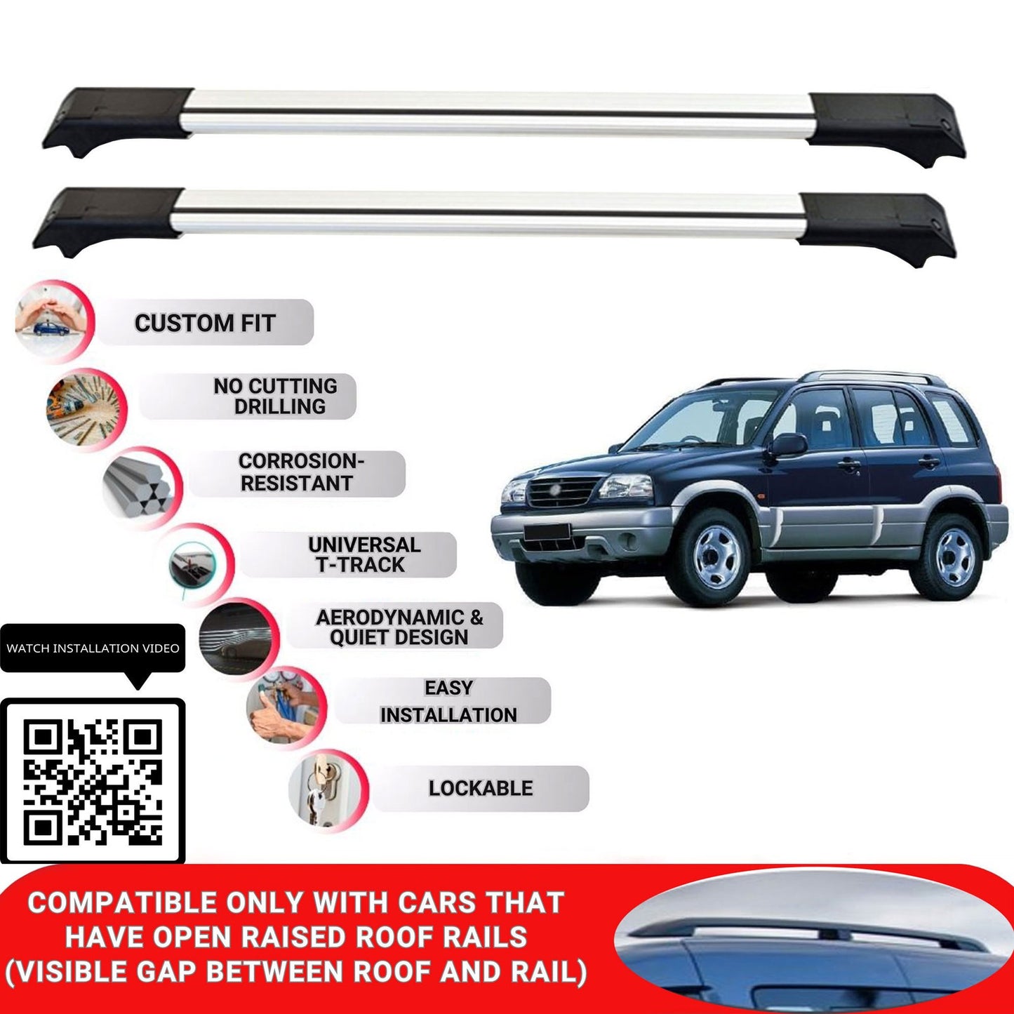 Roof Rack Cross Bars for Suzuki Grand Vitara 1998-2004 Lockable Bars 2 Pcs Grey