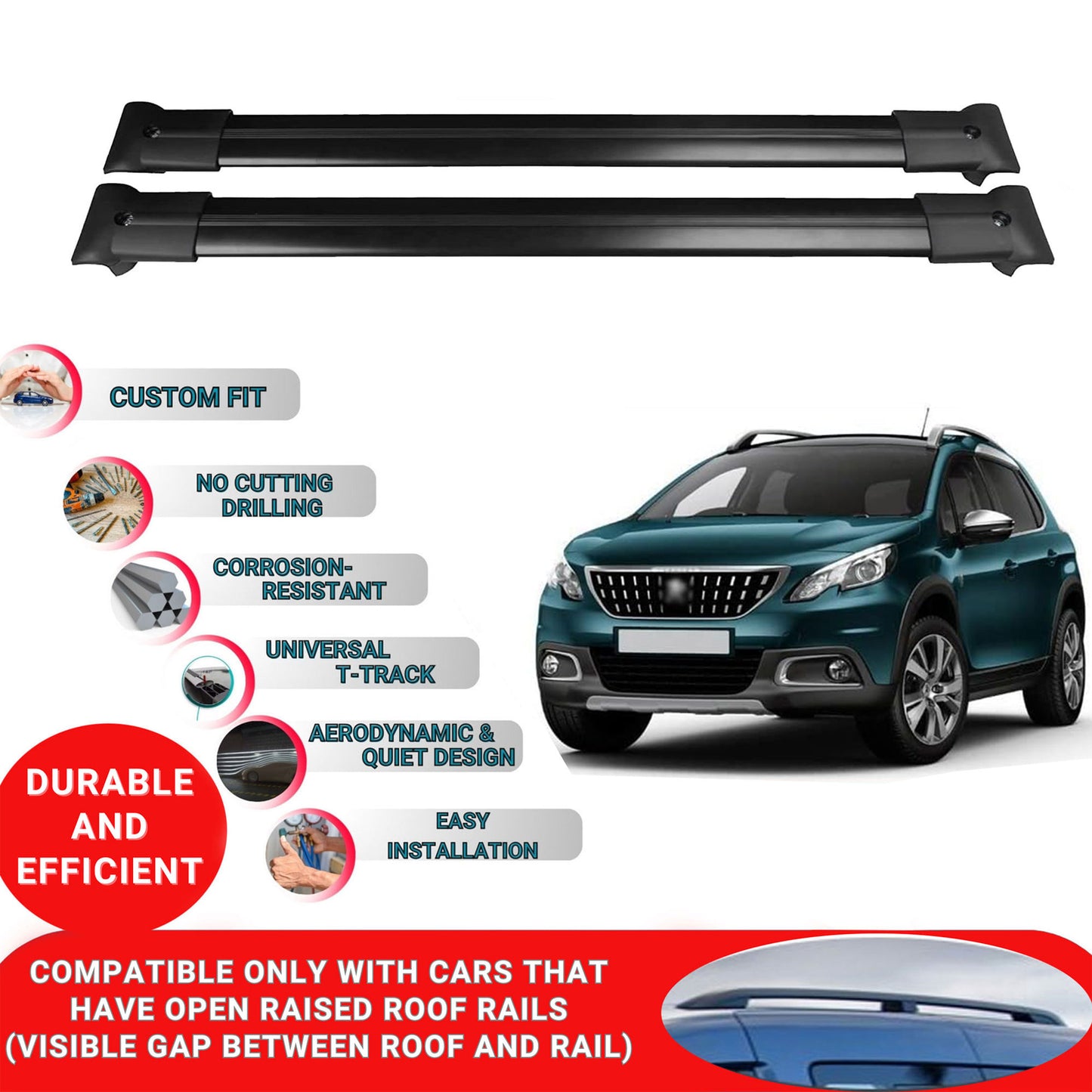 Roof Racks Cross Bars For Peugeot 2008 2013-2019 2 Pcs Black