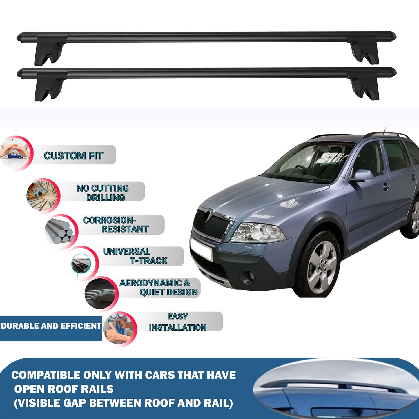 Lockable Roof Rack Cross Bars for Skoda Octavia Scout 2007-2013 | Heavy Duty Rail Carrier 2 Pcs Black