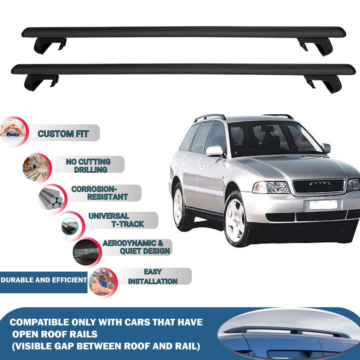 Roof Rack Cross Bars for Audi A4 Avant 1995-2001 Rail Carrier for Roof Tents 2 Pcs Black