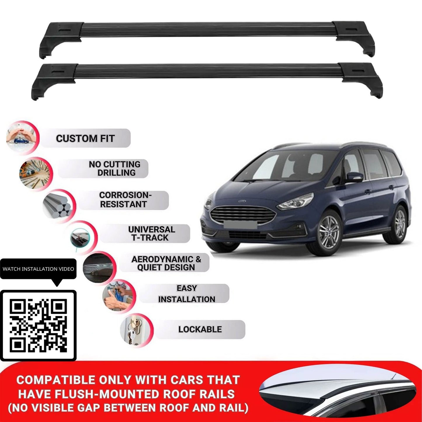 Roof Bars for Ford Galaxy 2015-2023 Lockable Roof Rack Cross Bars 2 Pcs Black