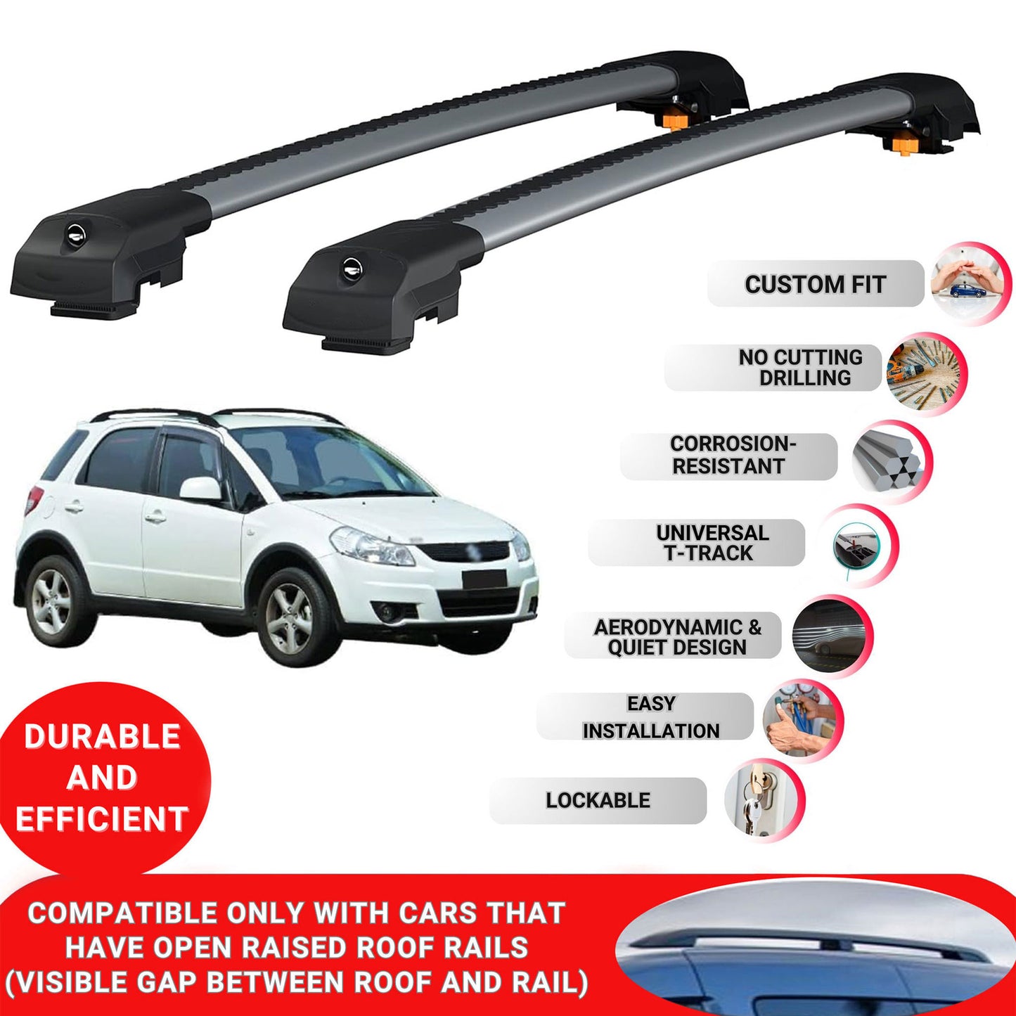 Roof Bar for Suzuki Sx4 2006-2013 Lockable Roof Rack Cross Bars 2 Pcs Grey