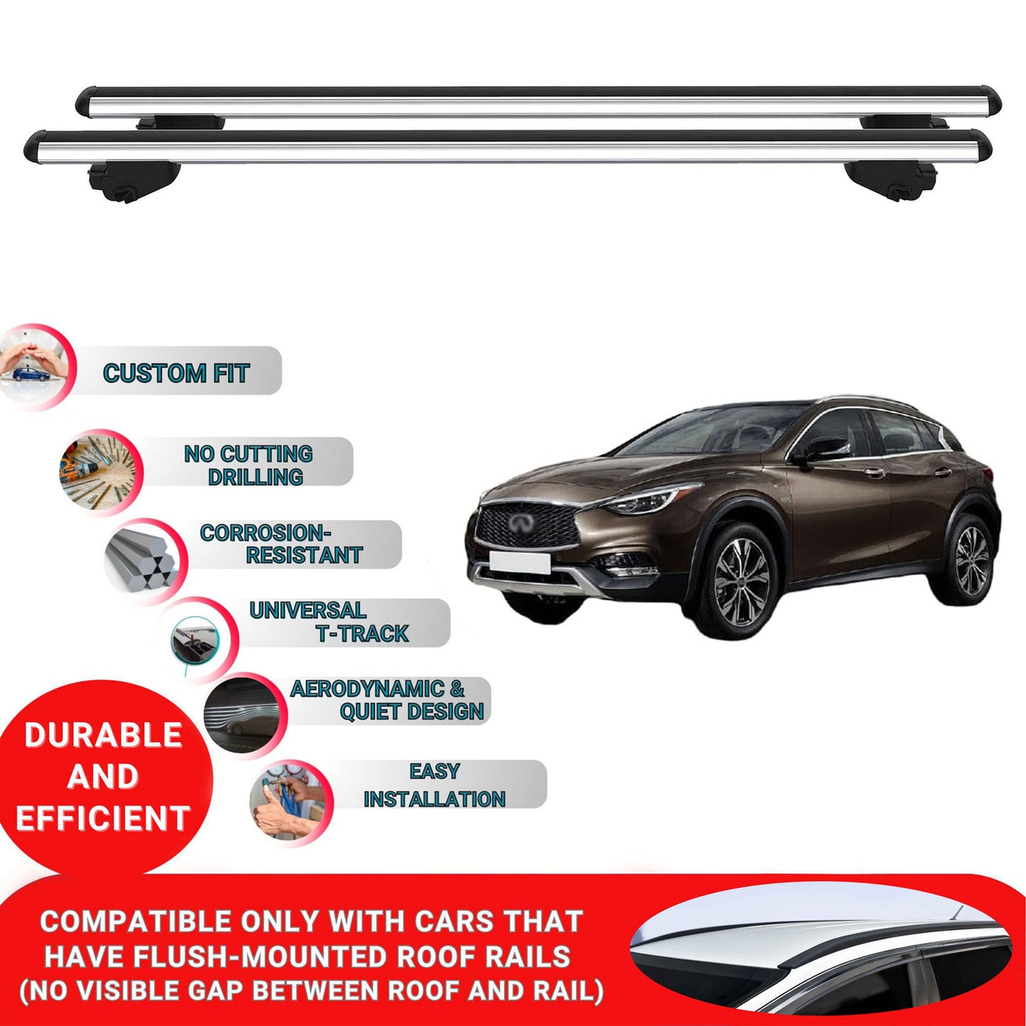 Roof Bars For Infiniti QX30 2016-2019 Roof Rack Cross Bars 2 Pcs Grey