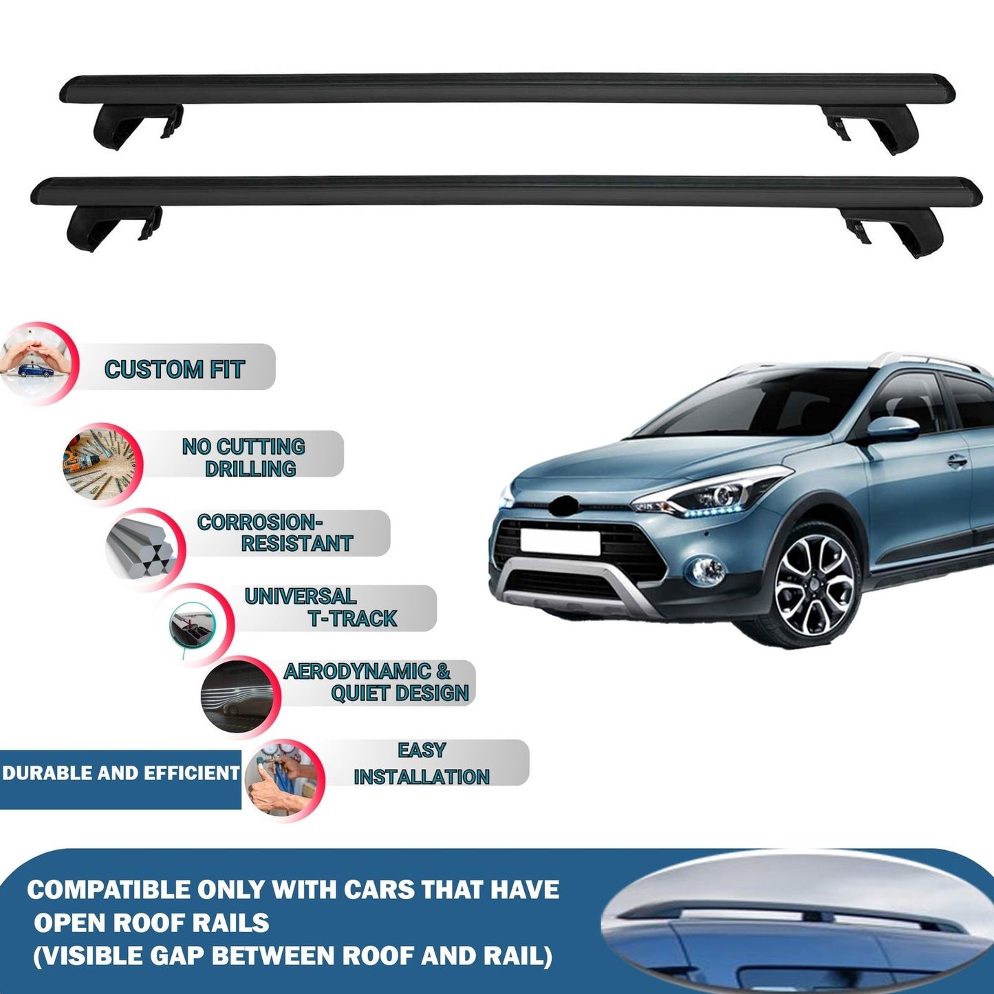 Roof Rack Cross Bars for Hyundai i20 Active 2014-2020 Rail Carrier for Roof Tents 2 Pcs Black