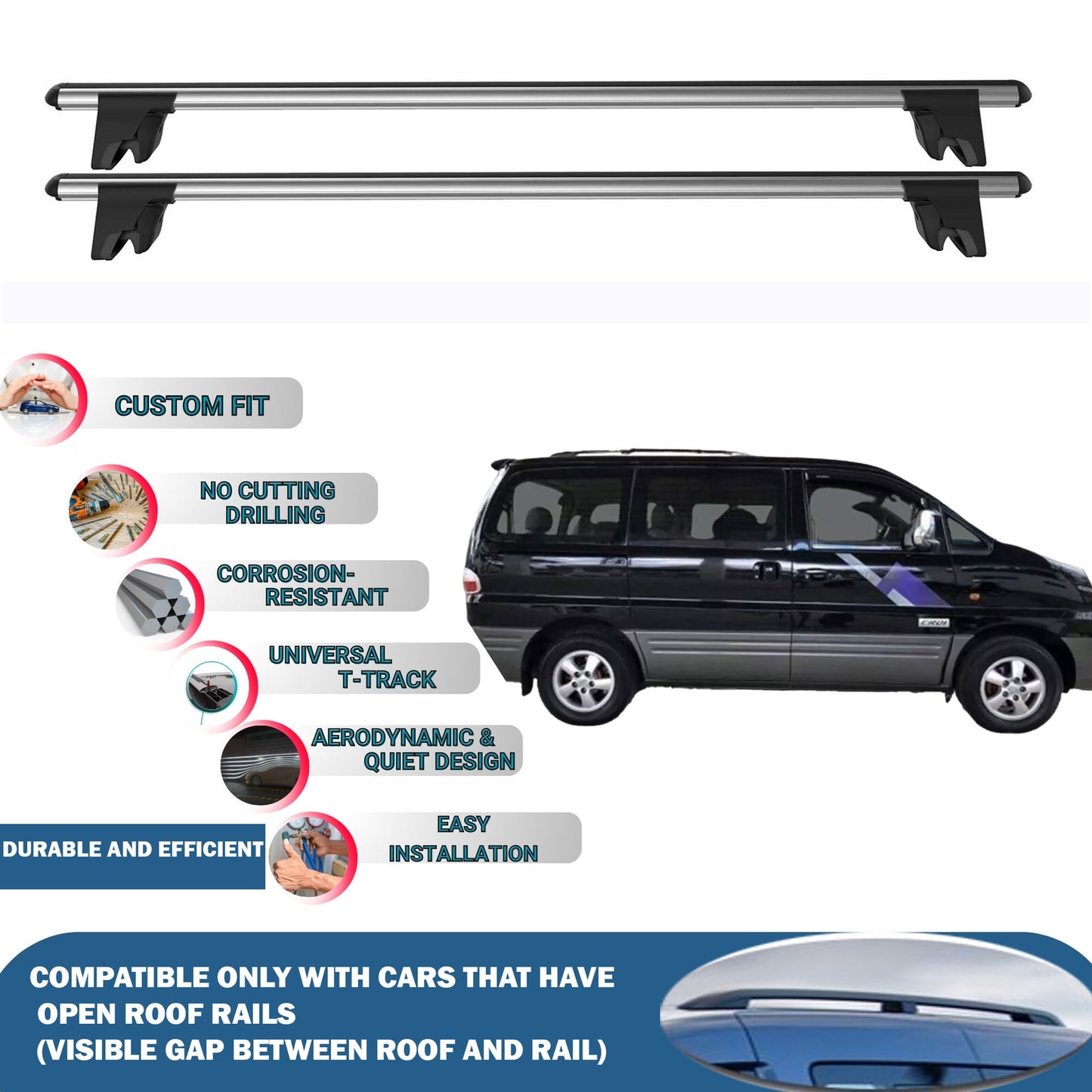 Lockable Roof Rack Cross Bars for Hyundai Starex 2008-2023 | Heavy Duty Rail Carrier 2 Pcs Grey