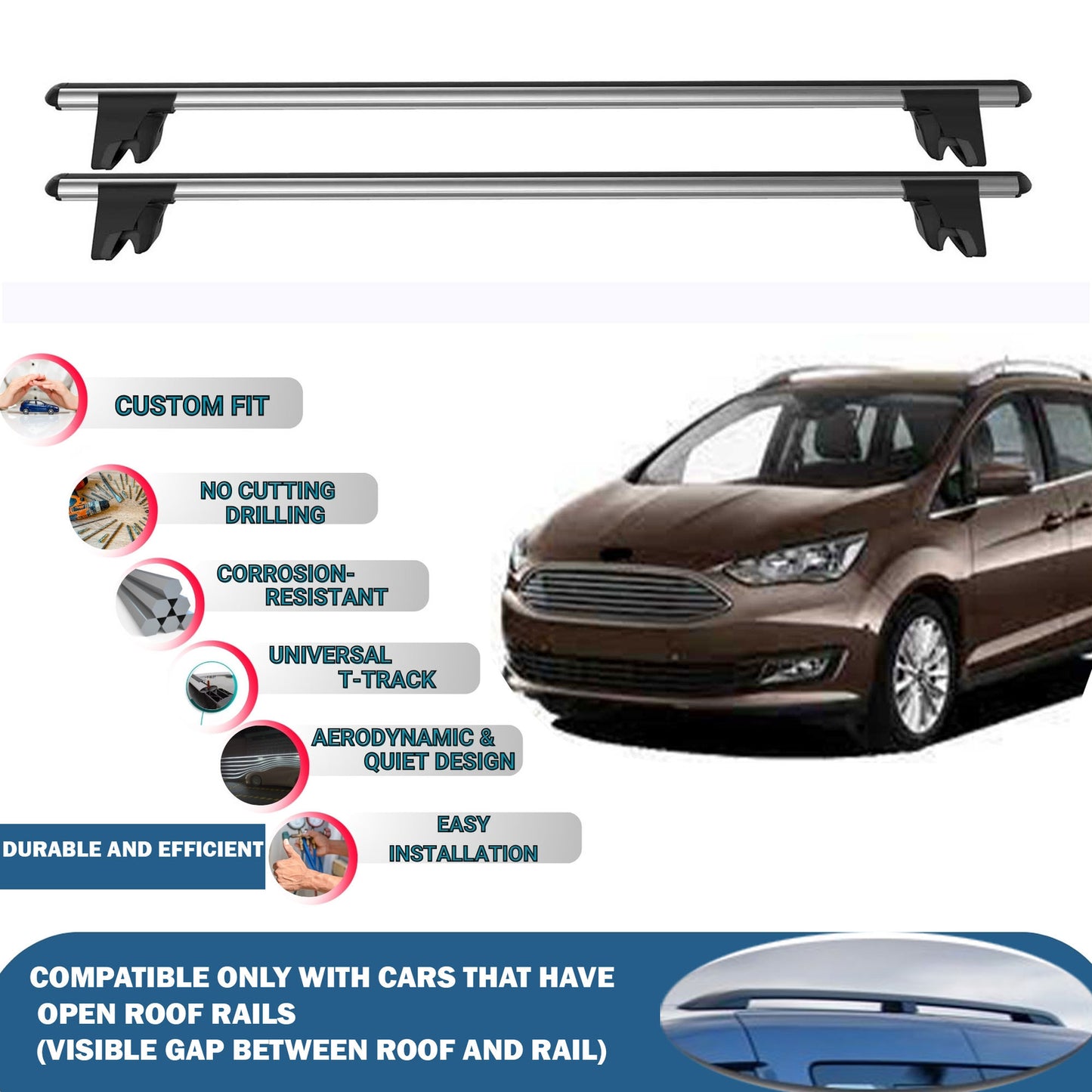 Lockable Roof Rack Cross Bars for Ford Grand C-Max 2010-2018 | Heavy Duty Rail Carrier 2 Pcs Grey