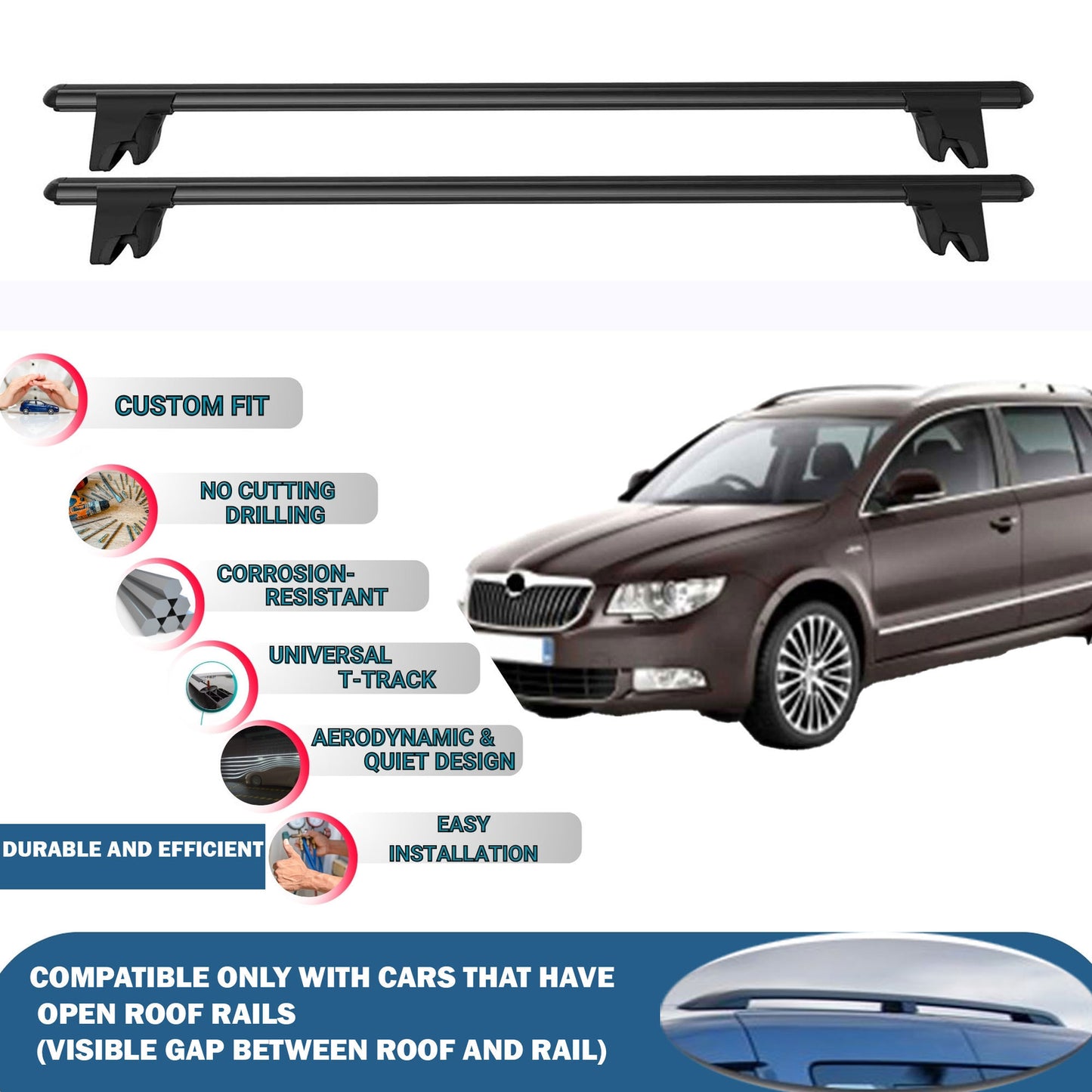 Lockable Roof Rack Cross Bars for Skoda Superb B6 Combi/Wagon 2010-2015 | Heavy Duty Rail Carrier 2 Pcs Black