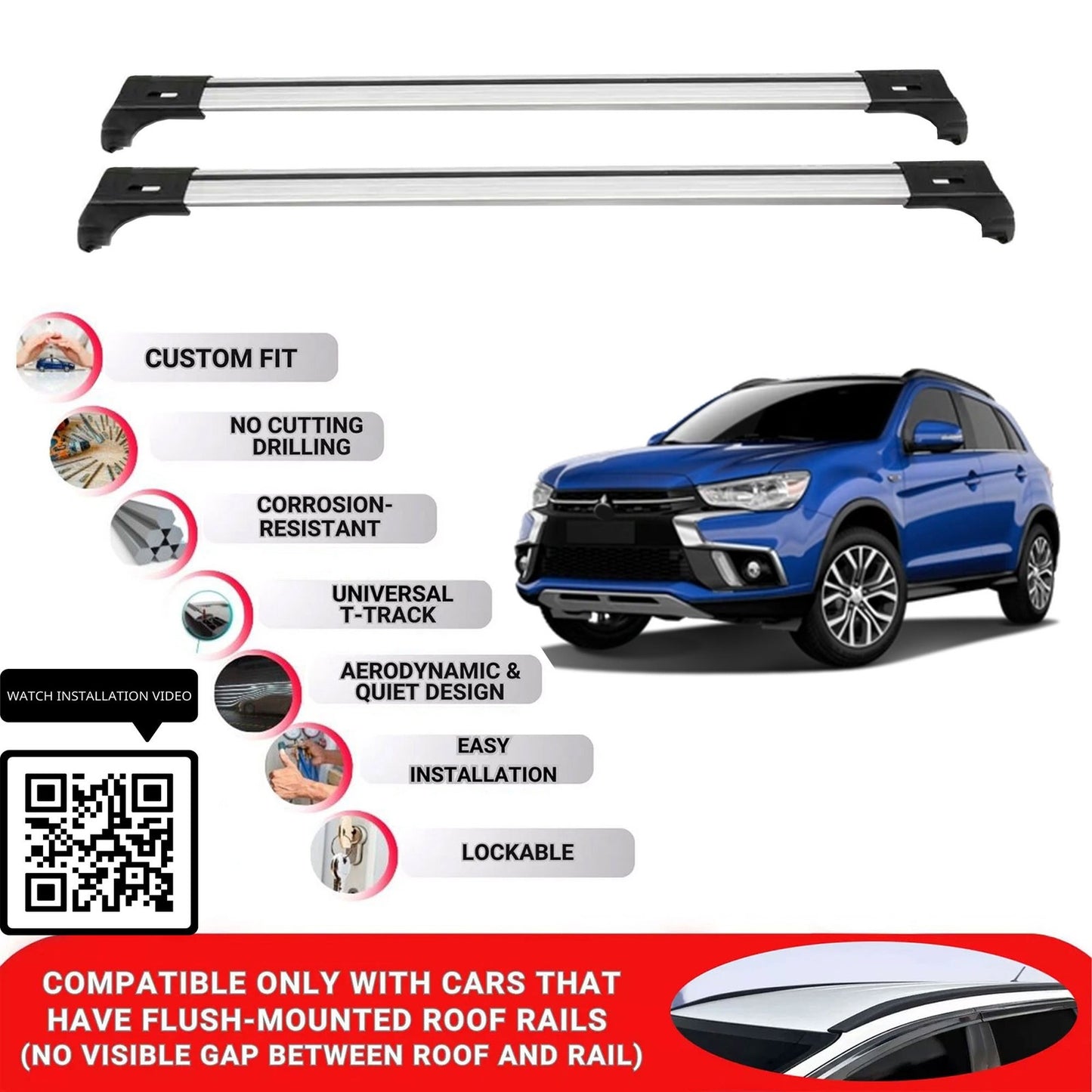 Roof Bars for Mitsubishi Asx 2010-2022 Lockable Roof Rack Cross Bars 2 Pcs Grey