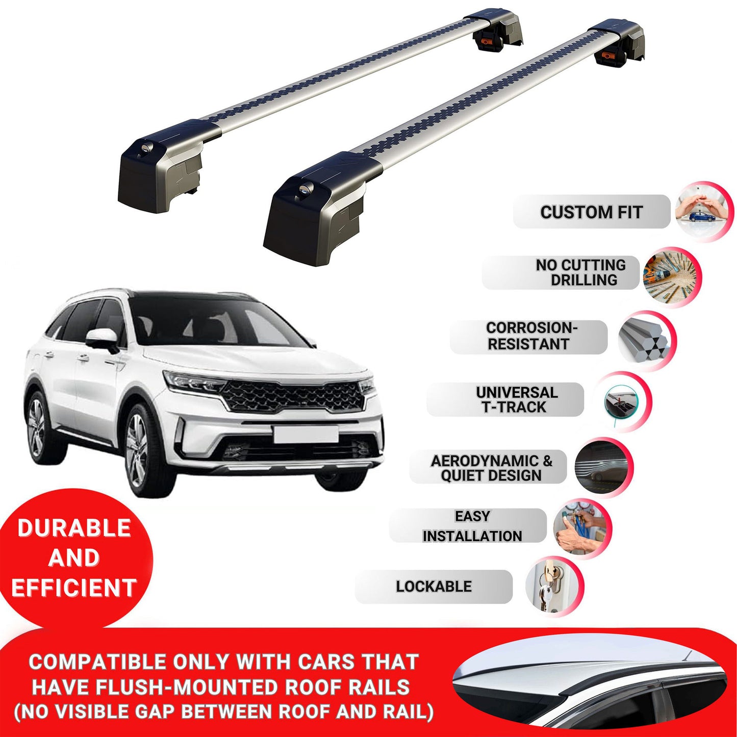 Roof Bars Rack for Kia Sorento (MK4) 2021+ Lockable Rail Carrier 2 Pcs Grey