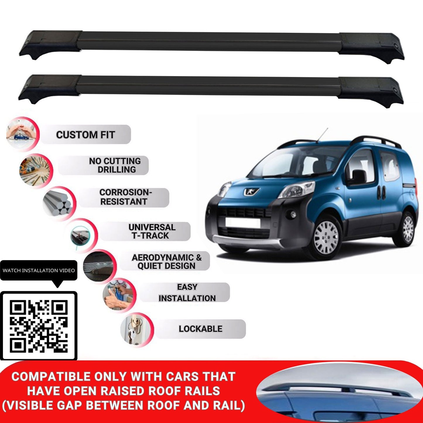 Roof Rack Cross Bars for Peugeot Bipper 2008-2016 Lockable Roof Bar 2 Pcs Black