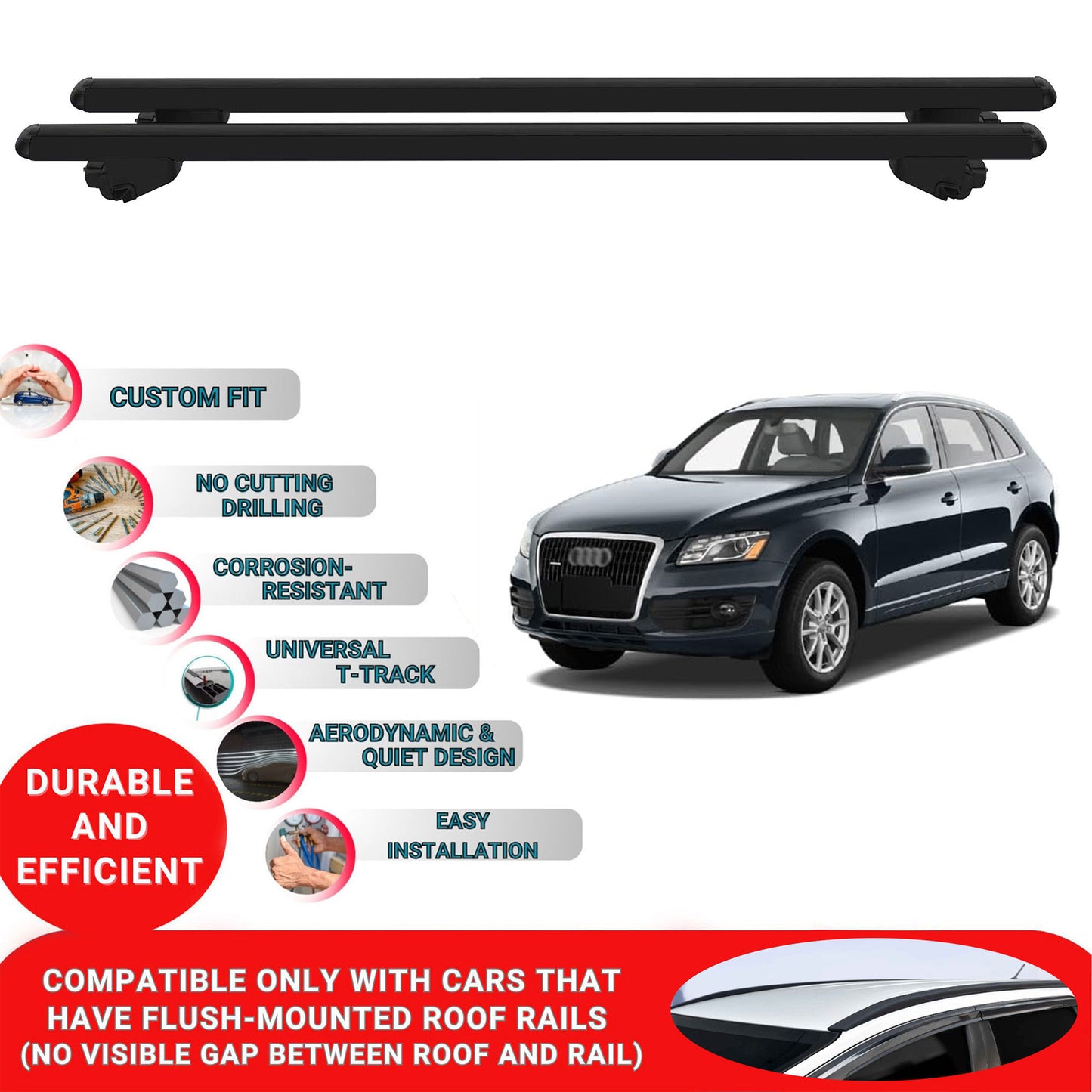 Roof Bars For Audi Q5 Mk1 2008-2017 Roof Rack Cross Bars 2 Pcs Black
