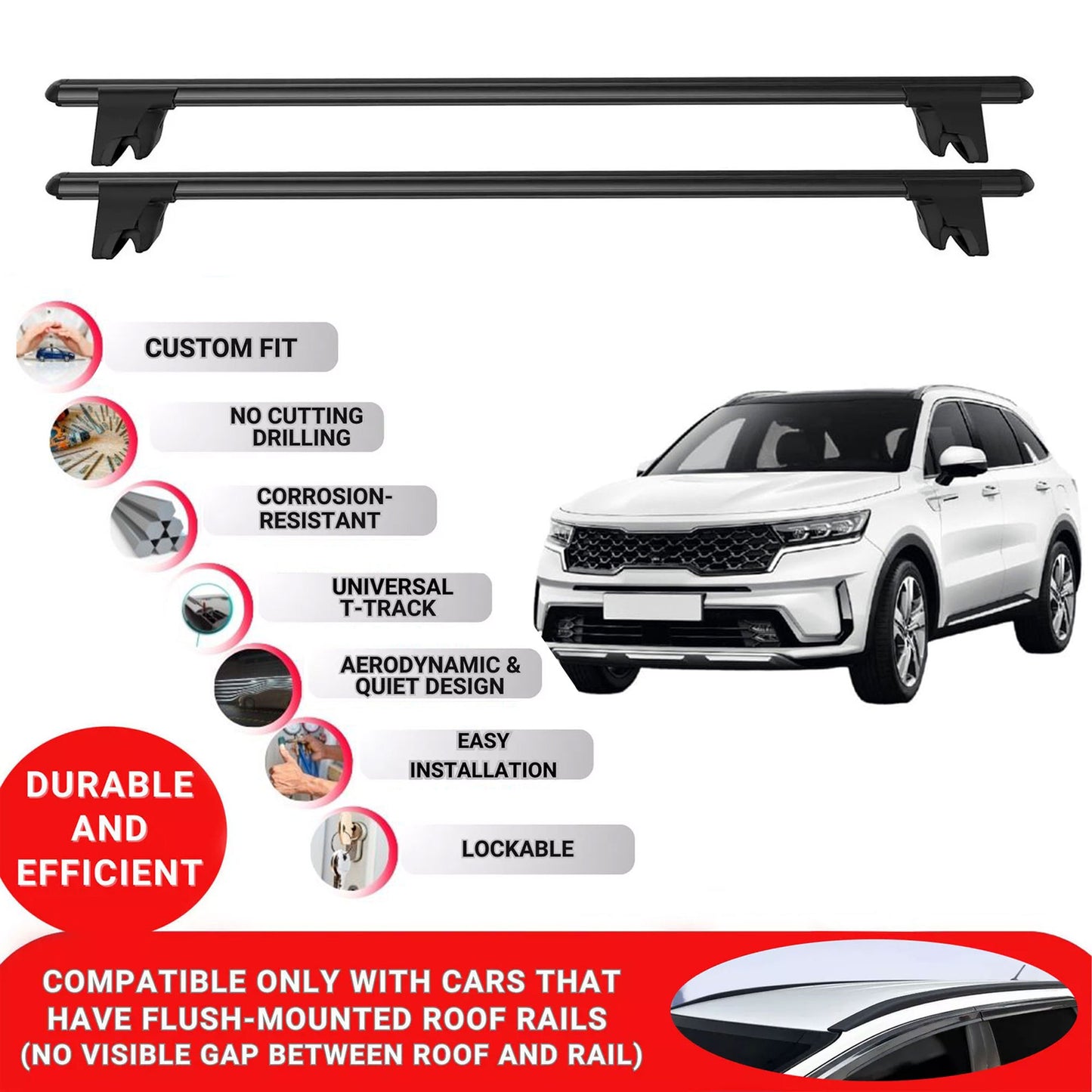Premium Roof Bars for Kia Sorento 2020 OnwardsLockable Roof Rack Cross Bars 2 Pcs Black