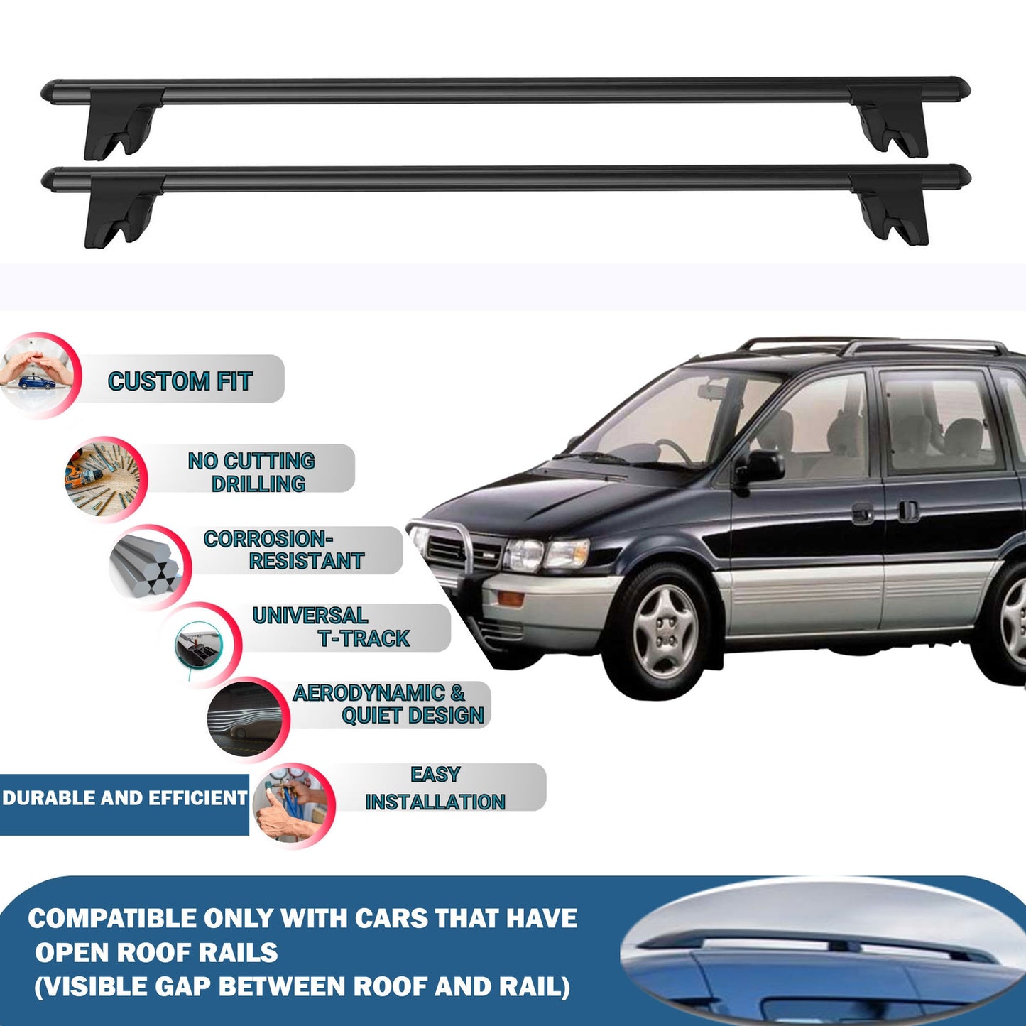 Lockable Roof Rack Cross Bars for Mitsubishi Space Runner 1997-2002 | Heavy Duty Rail Carrier 2 Pcs Black