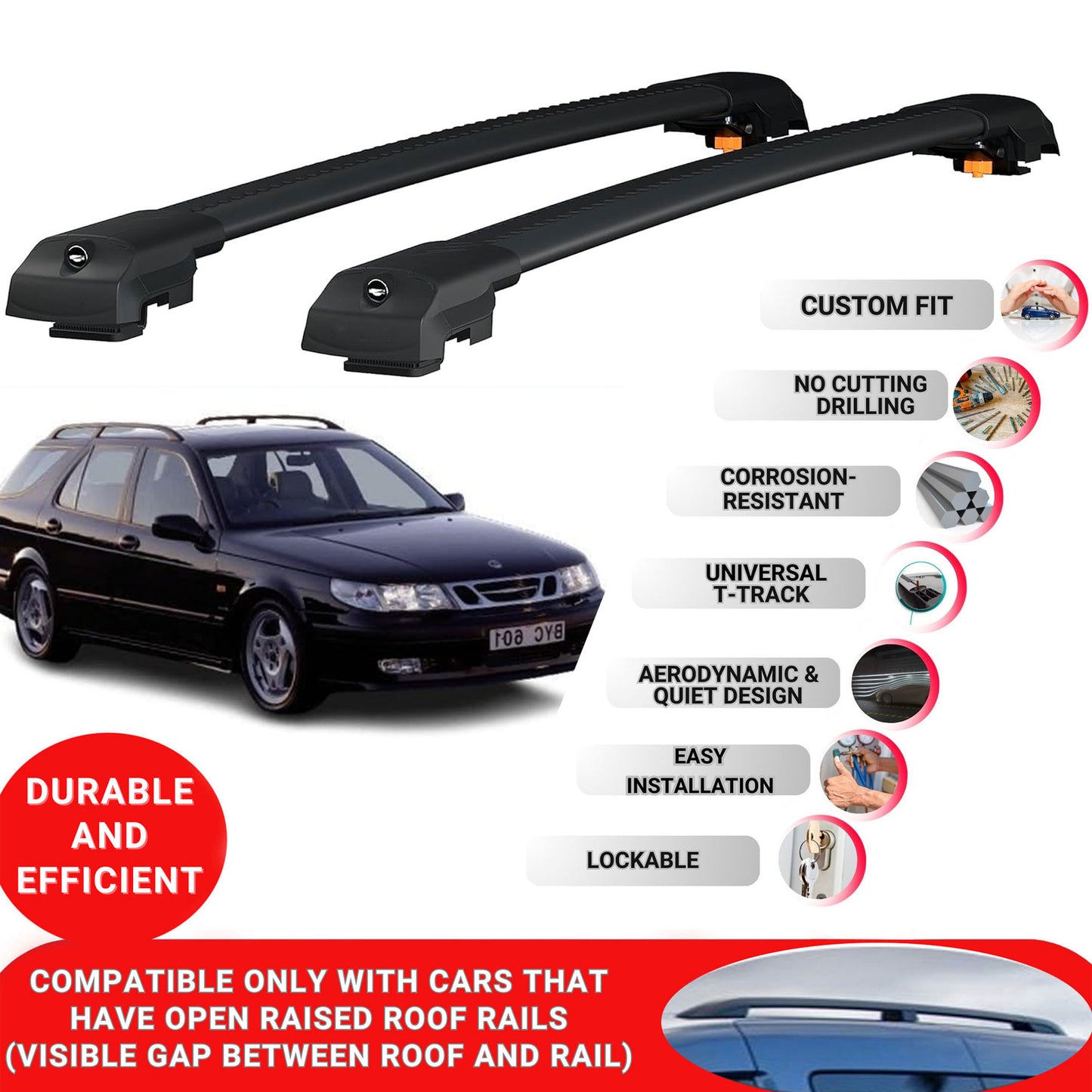 Roof Bar for Saab 9-5 YS3E Estate 1998-2010 Lockable Roof Rack Cross Bars 2 Pcs Black