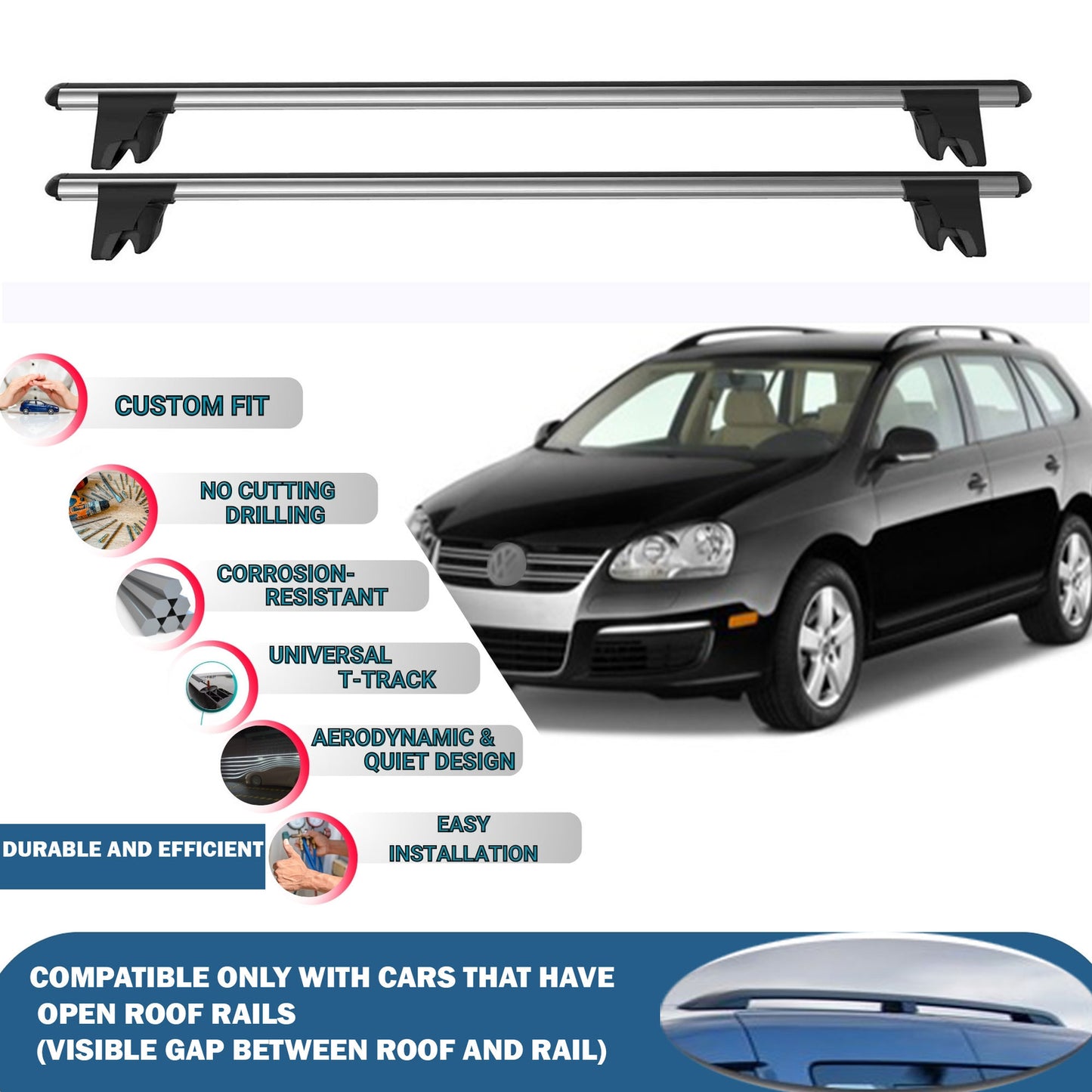 Lockable Roof Rack Cross Bars for Vw Jetta Variant/S.wagen 2005-2010 | Heavy Duty Rail Carrier 2 Pcs Grey