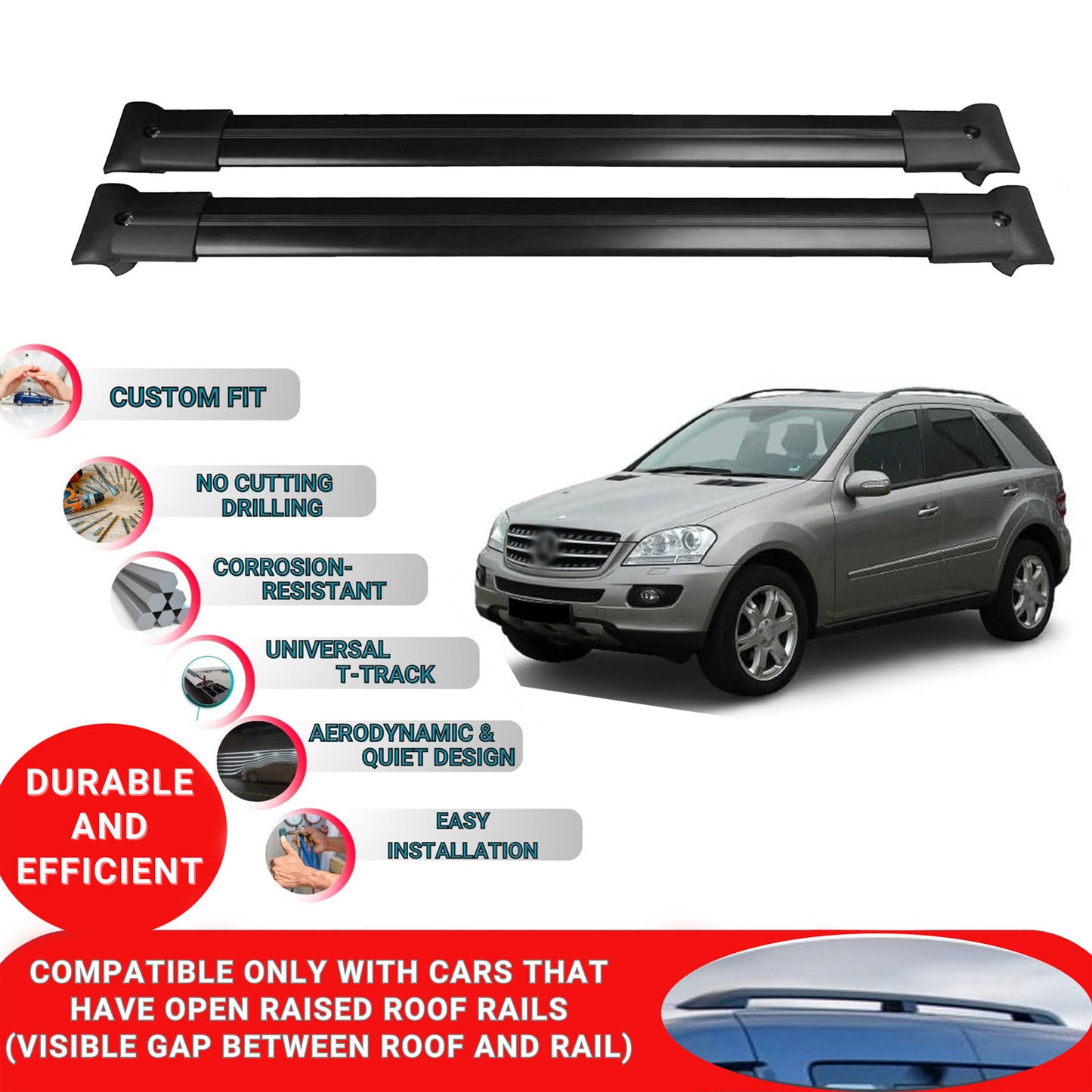 Roof Racks Cross Bars For Mercedes W164 Suv 2005-2011 2 Pcs Black