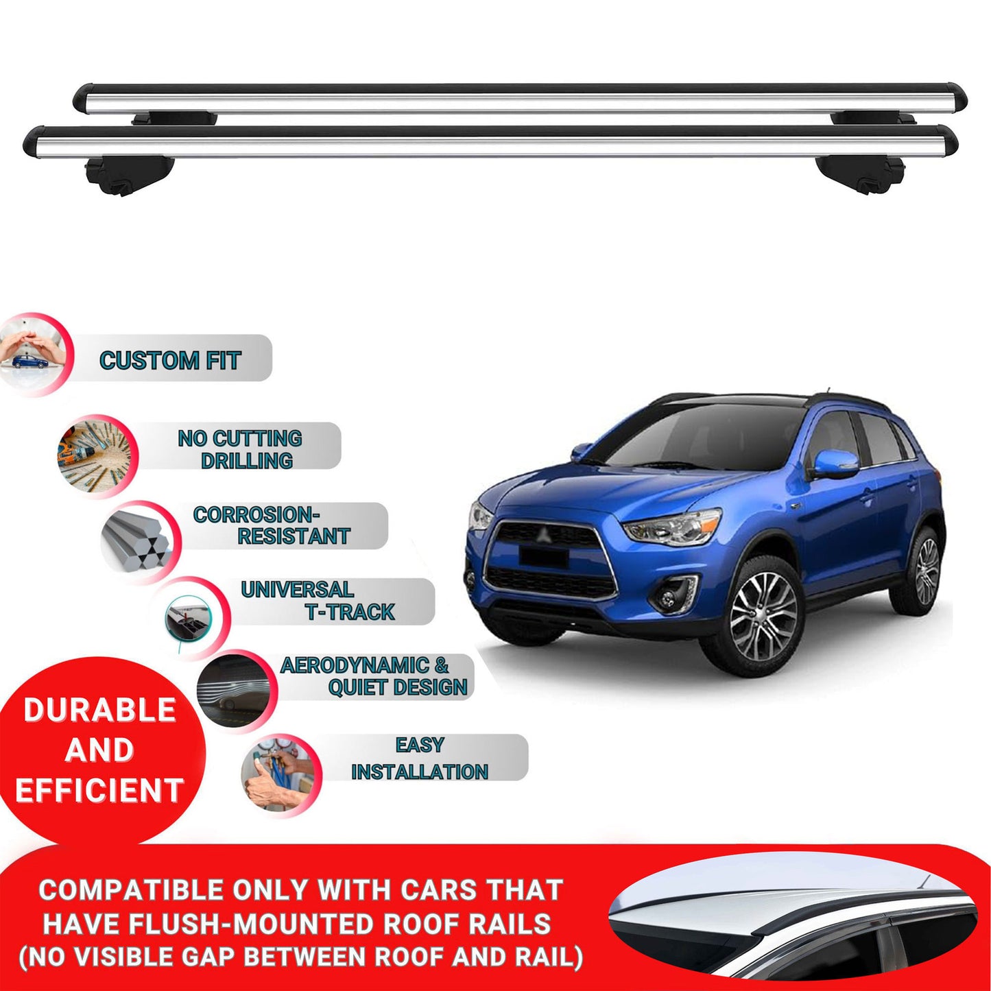 Roof Bars For Mitsubishi ASX 2010-2017 Roof Rack Cross Bars 2 Pcs Grey