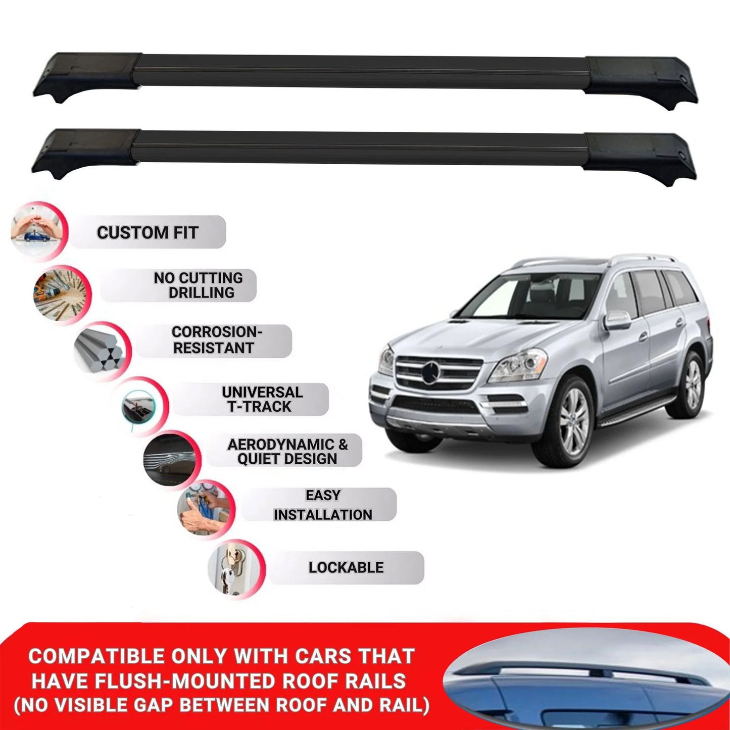 2X Car Roof Rack for Mercedes GL X164 2006-2012 Lockable Roof Bars Black