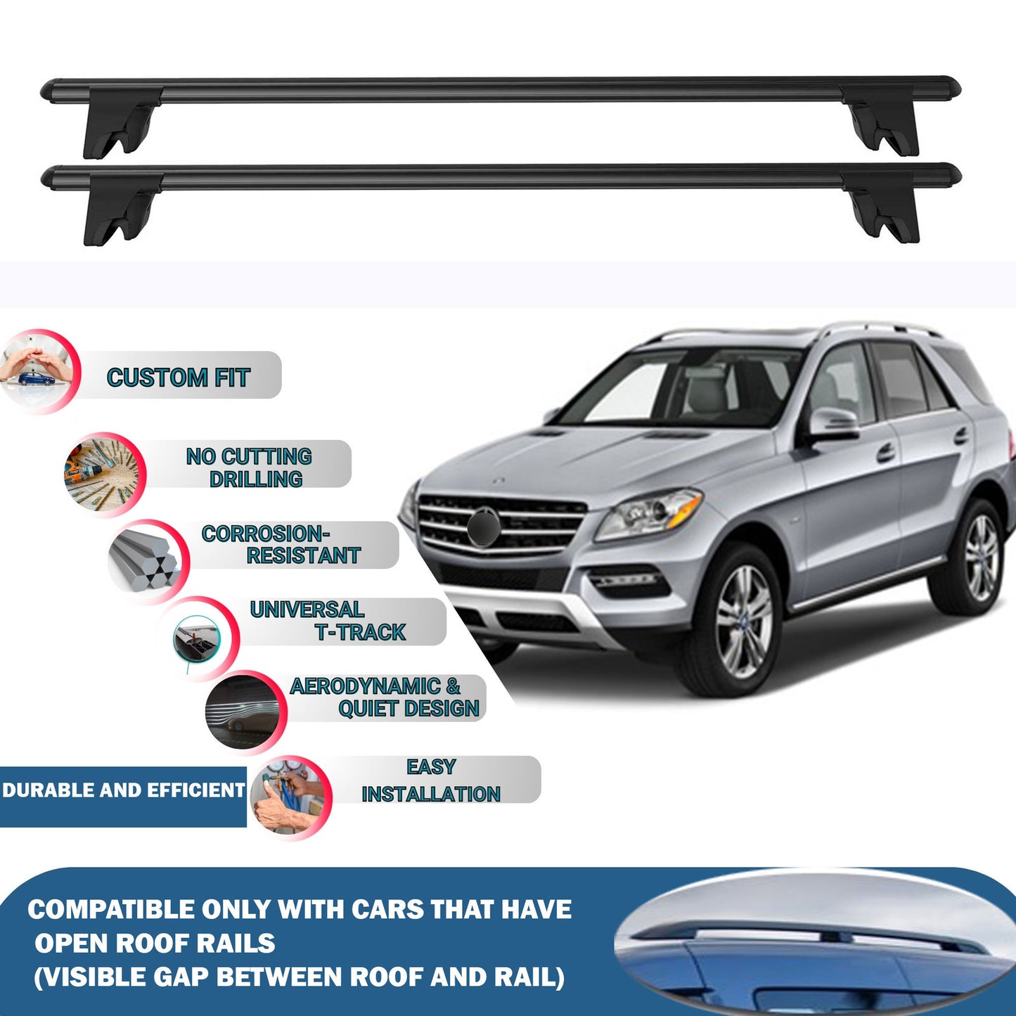 Lockable Roof Rack Cross Bars for Mercedes M-Class W166 2011-2015 | Heavy Duty Rail Carrier 2 Pcs Black