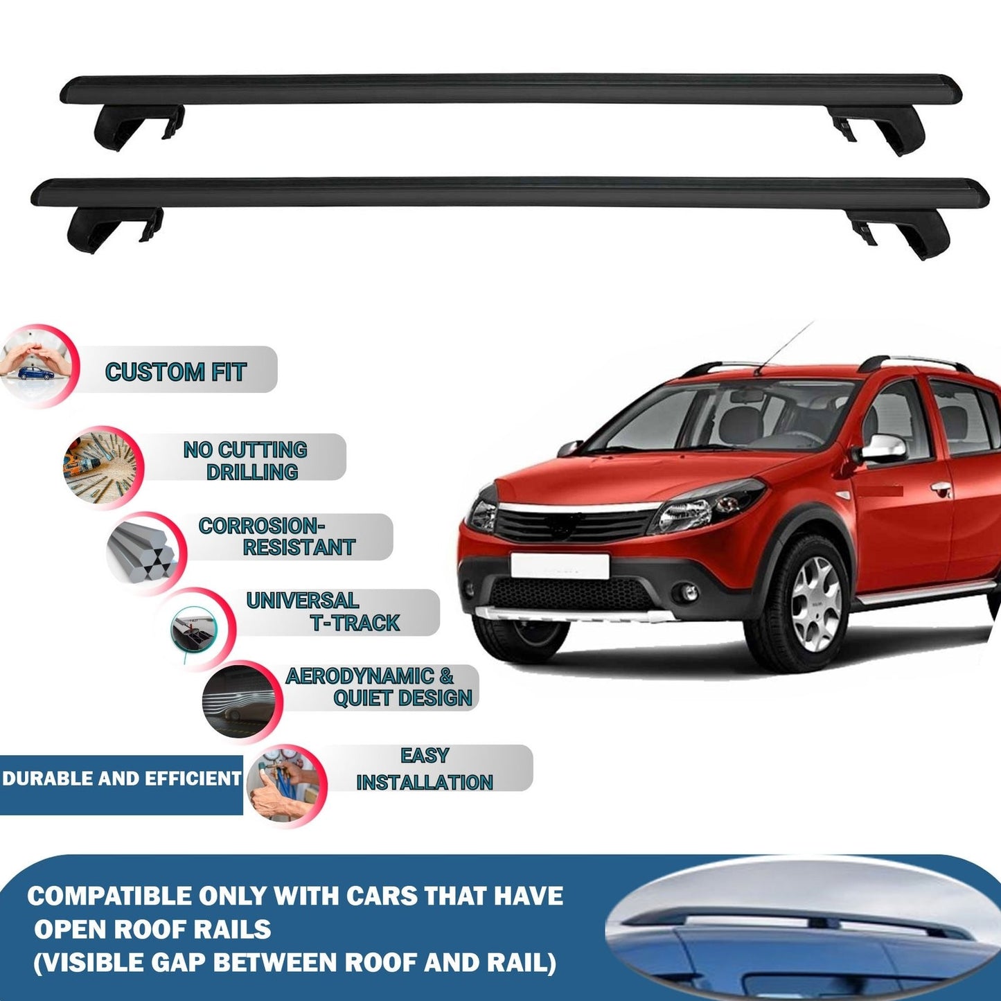Roof Rack Cross Bars for Dacia Sandero/Stepway 2008-2012 Rail Carrier for Roof Tents 2 Pcs Black