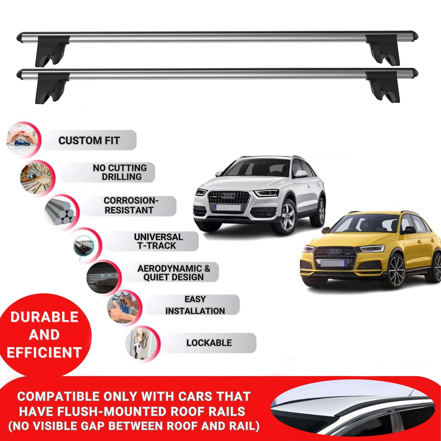 Premium Roof Bars for Audi Q3 Mk1 2011-2018; Lockable Roof Rack Cross Bars 2 Pcs Grey