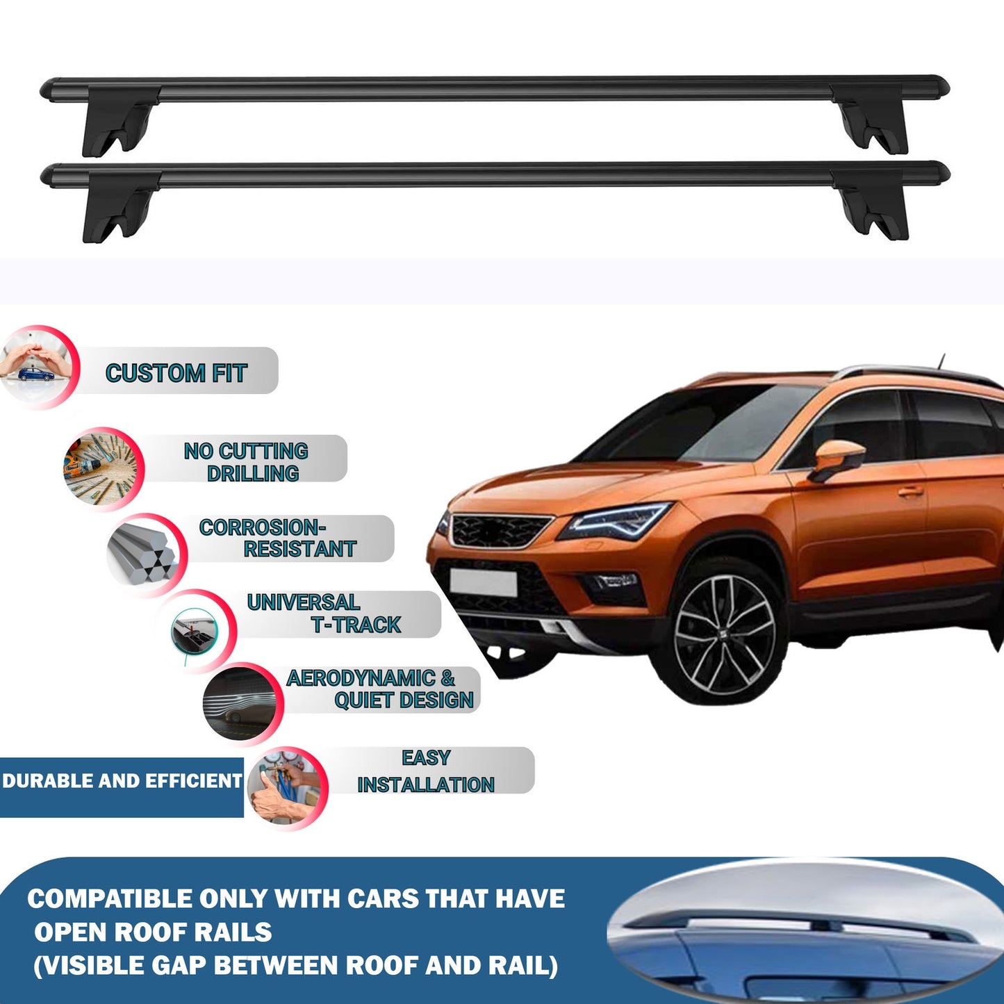 Lockable Roof Rack Cross Bars for Seat Ateca 2016-2023 | Heavy Duty Rail Carrier 2 Pcs Black
