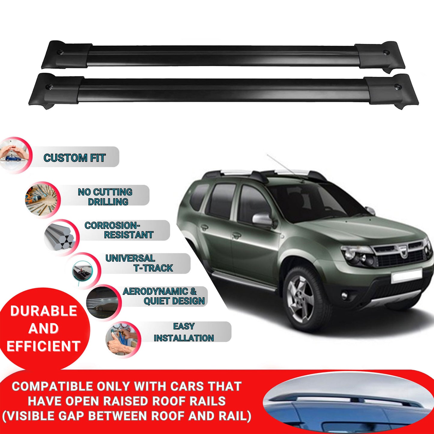 Roof Racks Cross Bars For Dacia Duster 2010-2014 2 Pcs Black