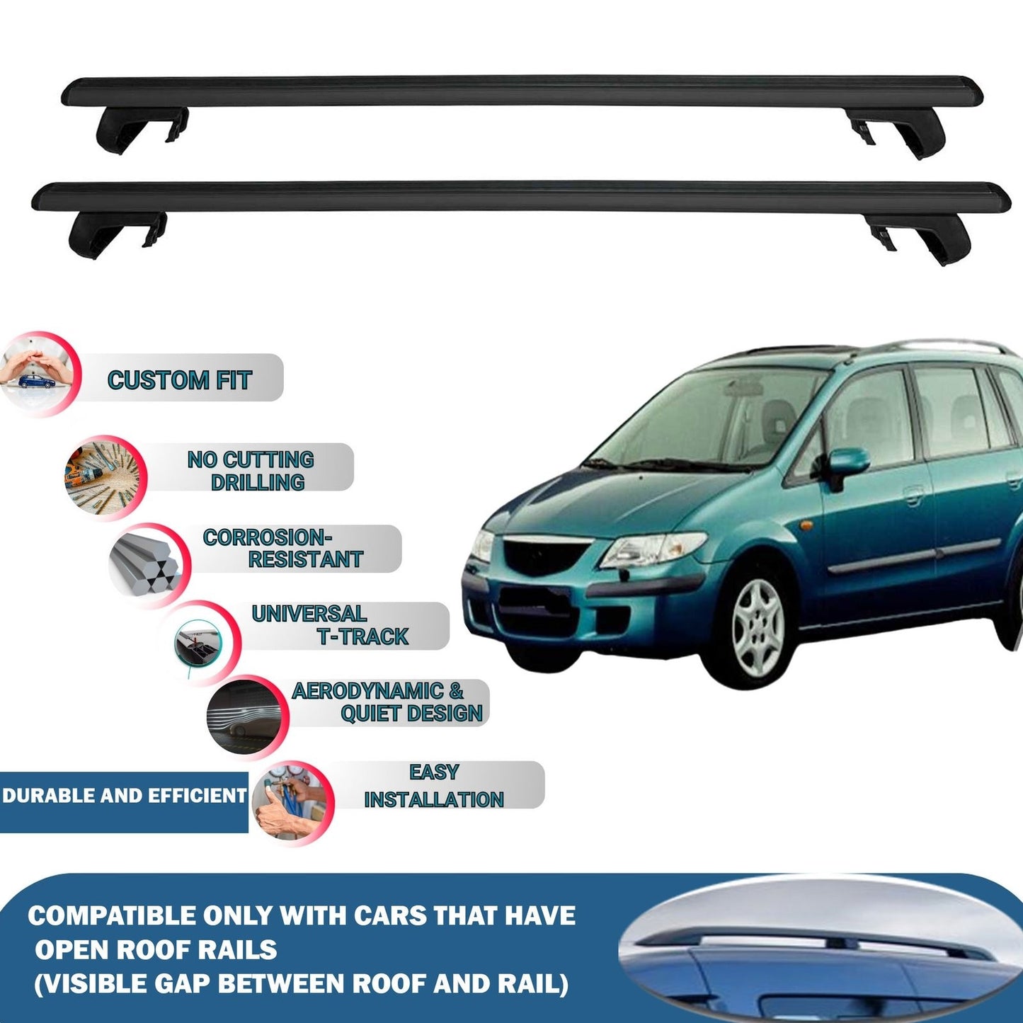 Roof Rack Cross Bars for Mazda Premacy 1999-2004 Rail Carrier for Roof Tents 2 Pcs Black