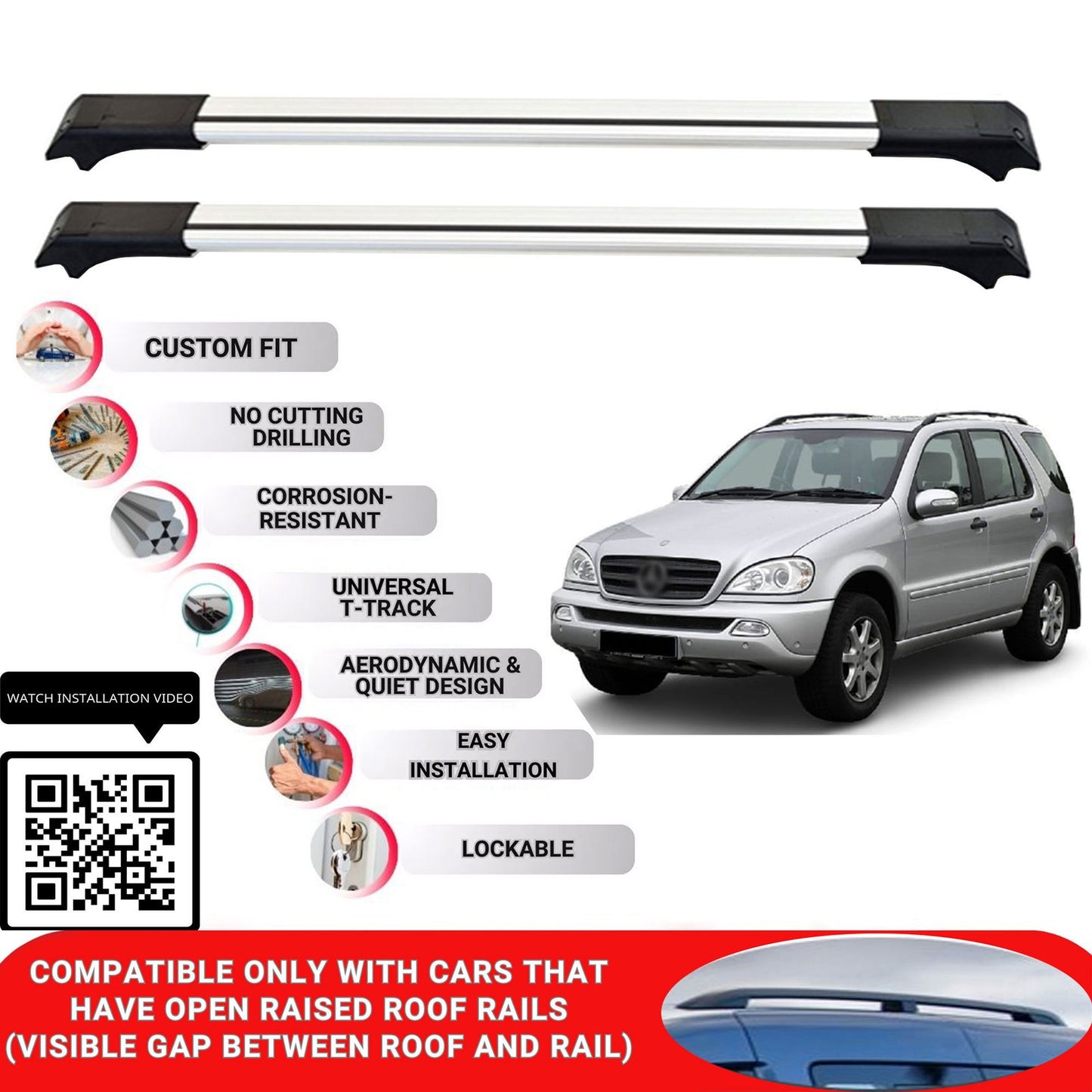 Roof Rack Cross Bars for Mercedes M-Class W163 1998-2005 Lockable 2 Pcs Grey