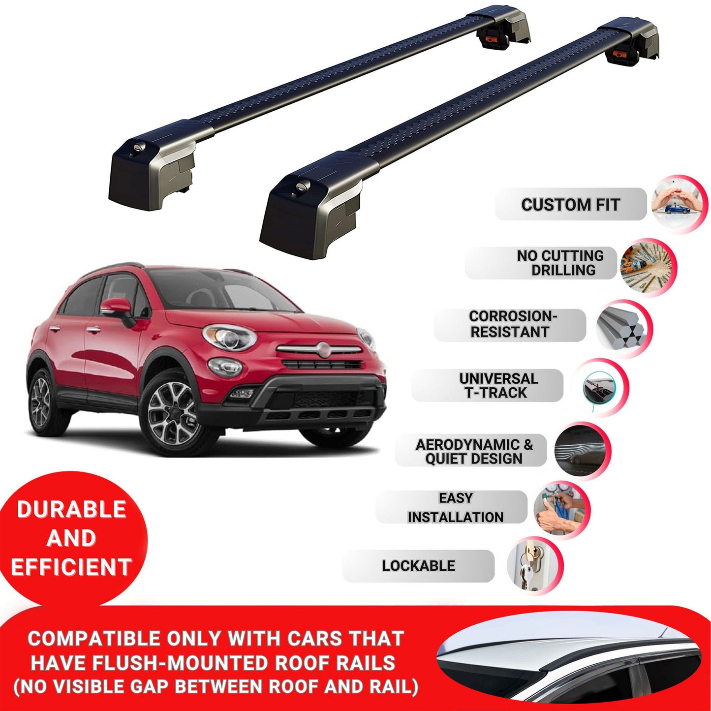 Roof Bars Rack for Fiat 500X 2014+ Lockable Rail Carrier 2 Pcs Black